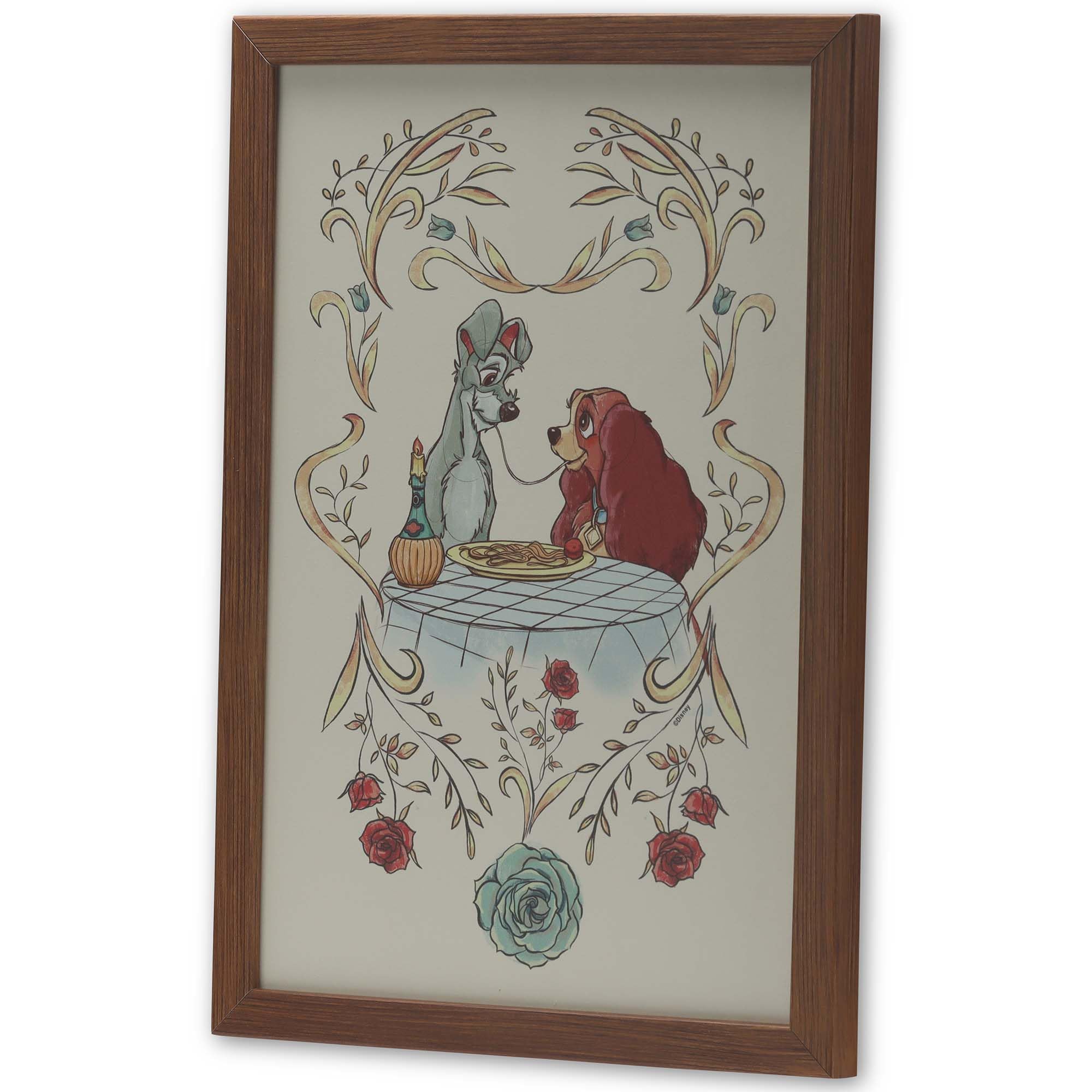 Disney Lady and the Tramp Spaghetti Scene Framed Wood Wall Decor - Romantic Classic Movie Wall Art for Home