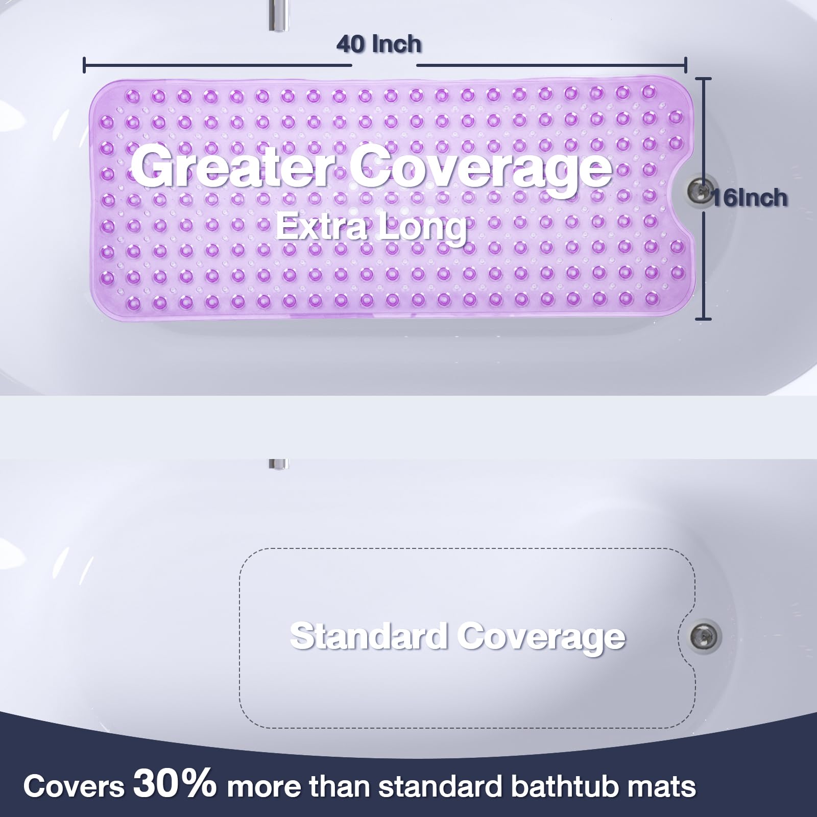 Naoloture Extra Long Bathtub Mat Non Slip, Clear Purple Soft Bath Mat For Tub 40 X 16 Inch Full Size, Bath Tub Shower Mats For B