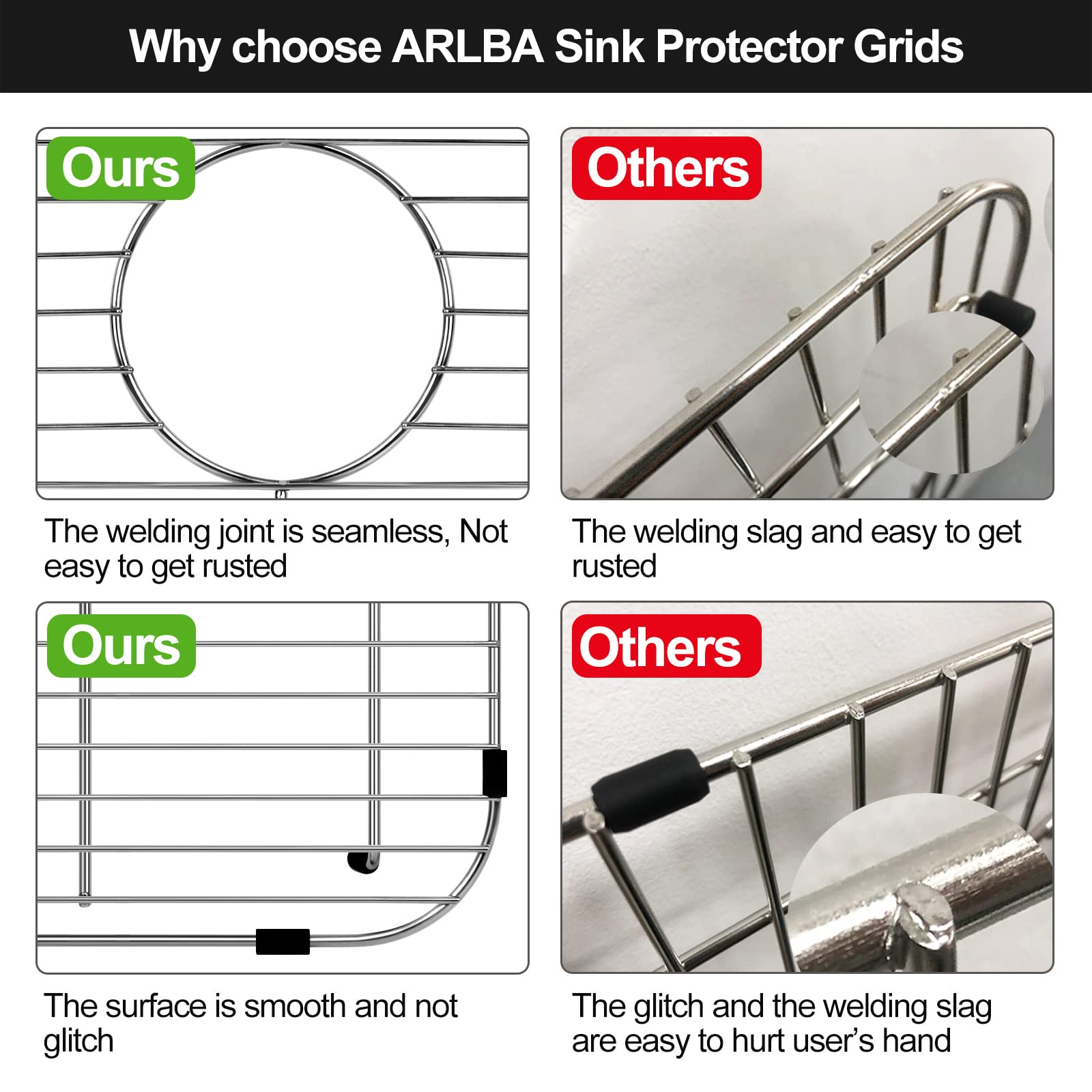 Arlba 2 Pack 304 Stainless Steel Sink Protectors For Kitchen Sink With Rear Drain Hole,13.2''X11.5''X1.25'' Kitchen Sink Grid Un