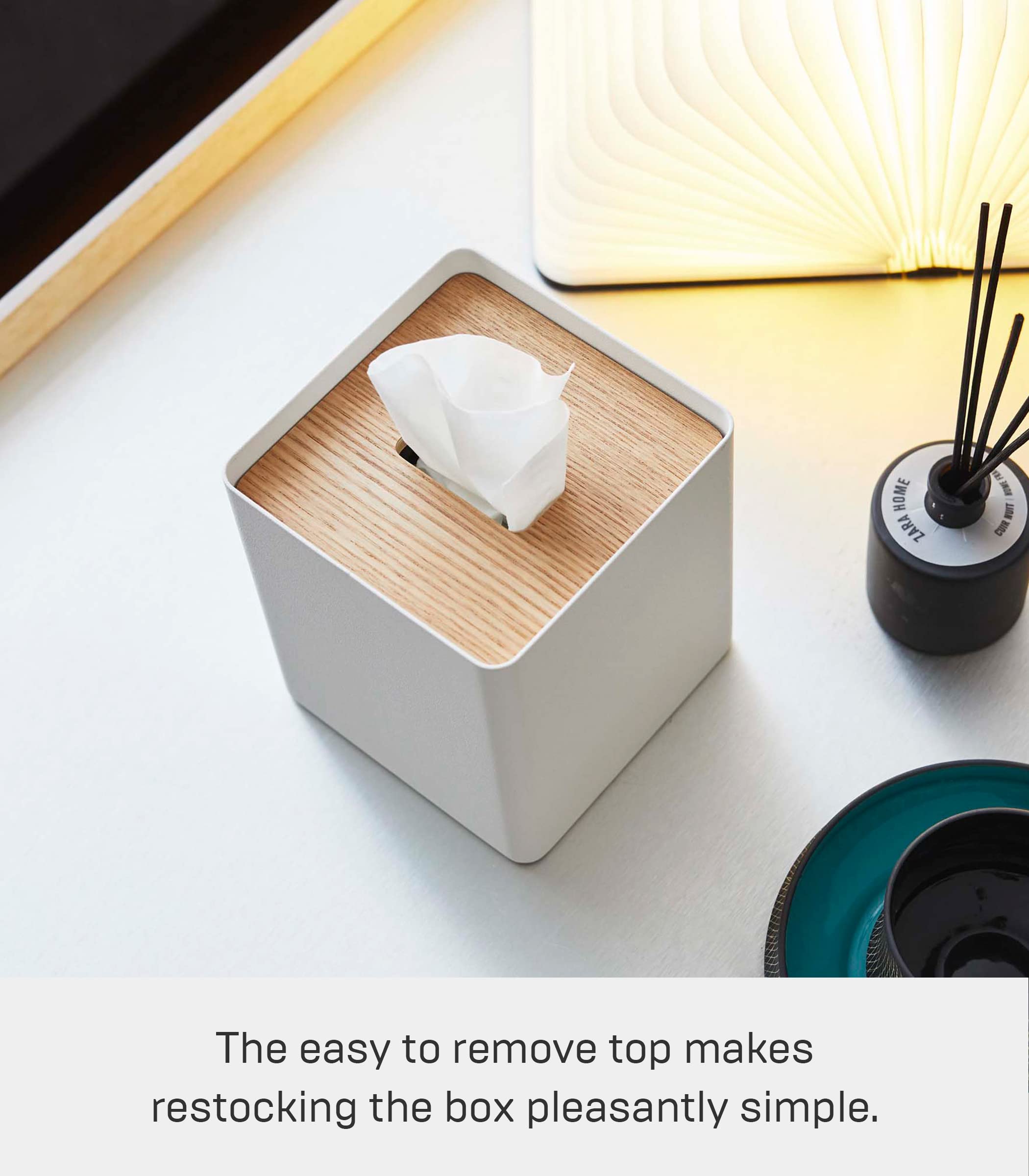 Yamazaki Home Rin Reusable Tissue Box Cover Metal Holder Container Case With Natural Wooden Lid - Steel