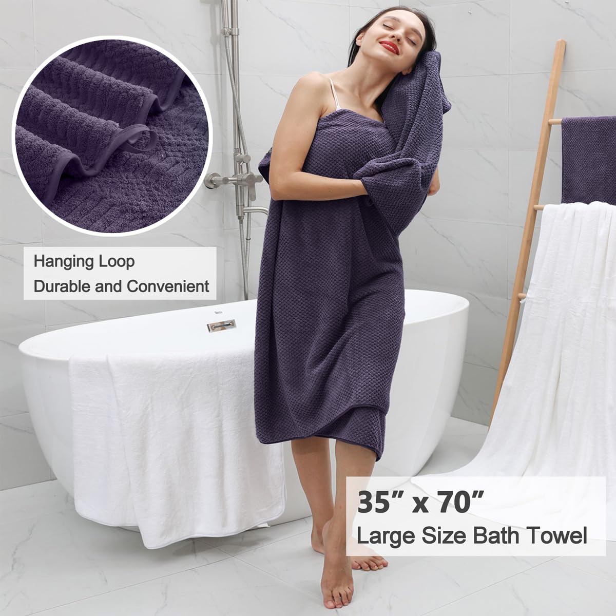 4 Piece Large Bath Towel Set 35''x70'' Purple Extra Large Bath Sheets Oversized Jumbo Towels 600GSM Soft Highly Absorbent Quick Dry Beach Chair Towels Woven Towels for Bathroom Hotel and Spa