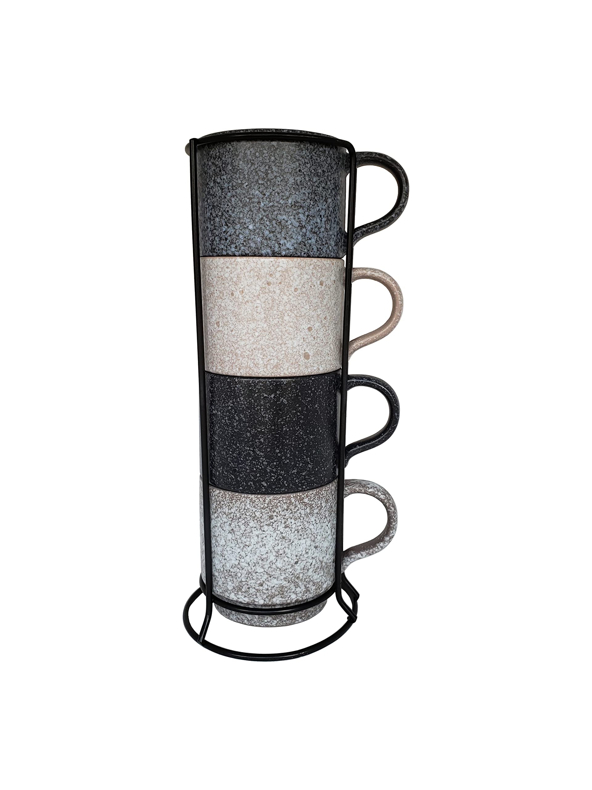 Essential Drinkware 14oz Stackable Ceramic Coffee Mugs with Metal Rack, Assorted Colors  Set of 4 Space Saving Durable Stacking