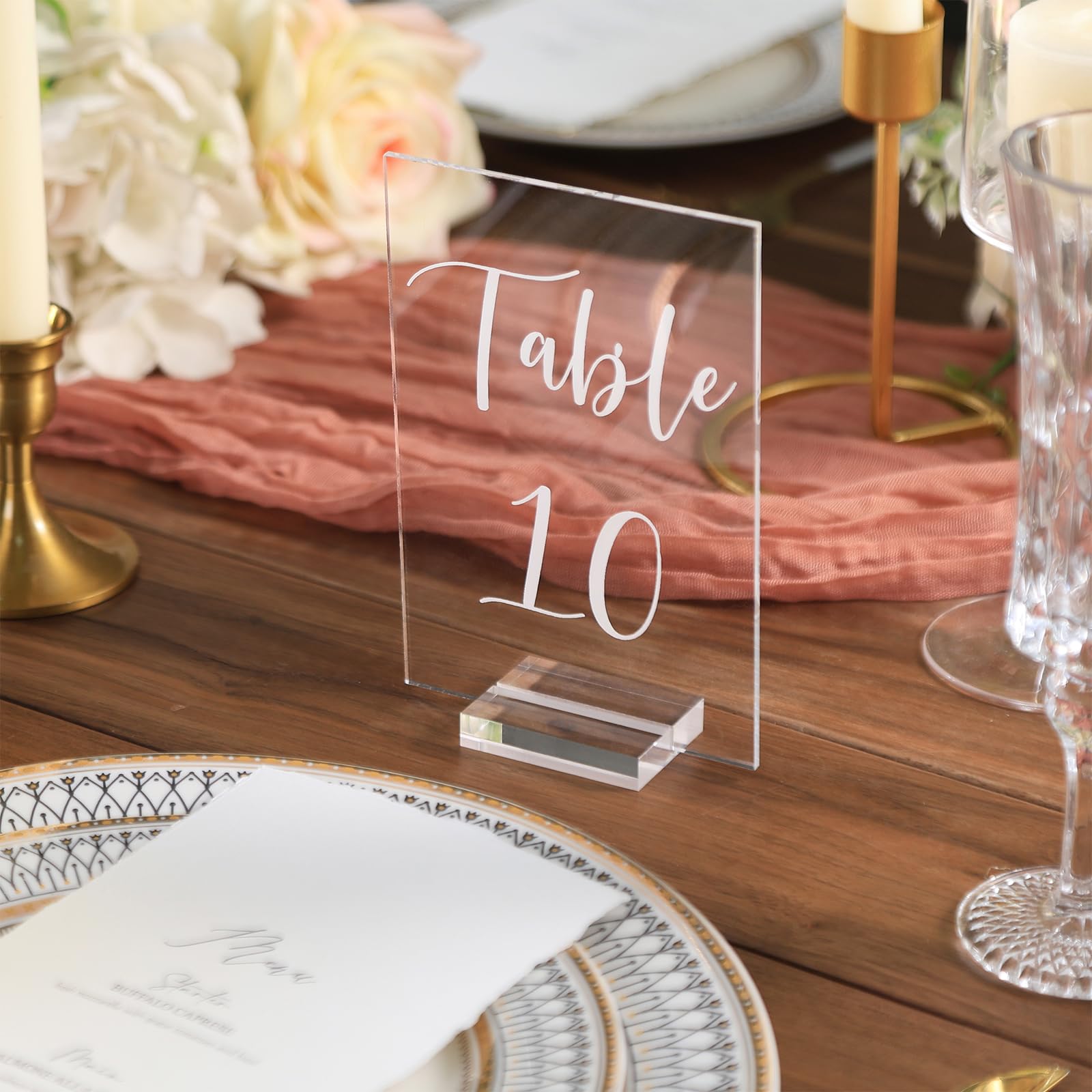 Uniqooo Acrylic Wedding Table Numbers 1-10 With Stands | 4X6 Inch Printed Calligraphy, Clear Table Number Signs And Holders | Pe