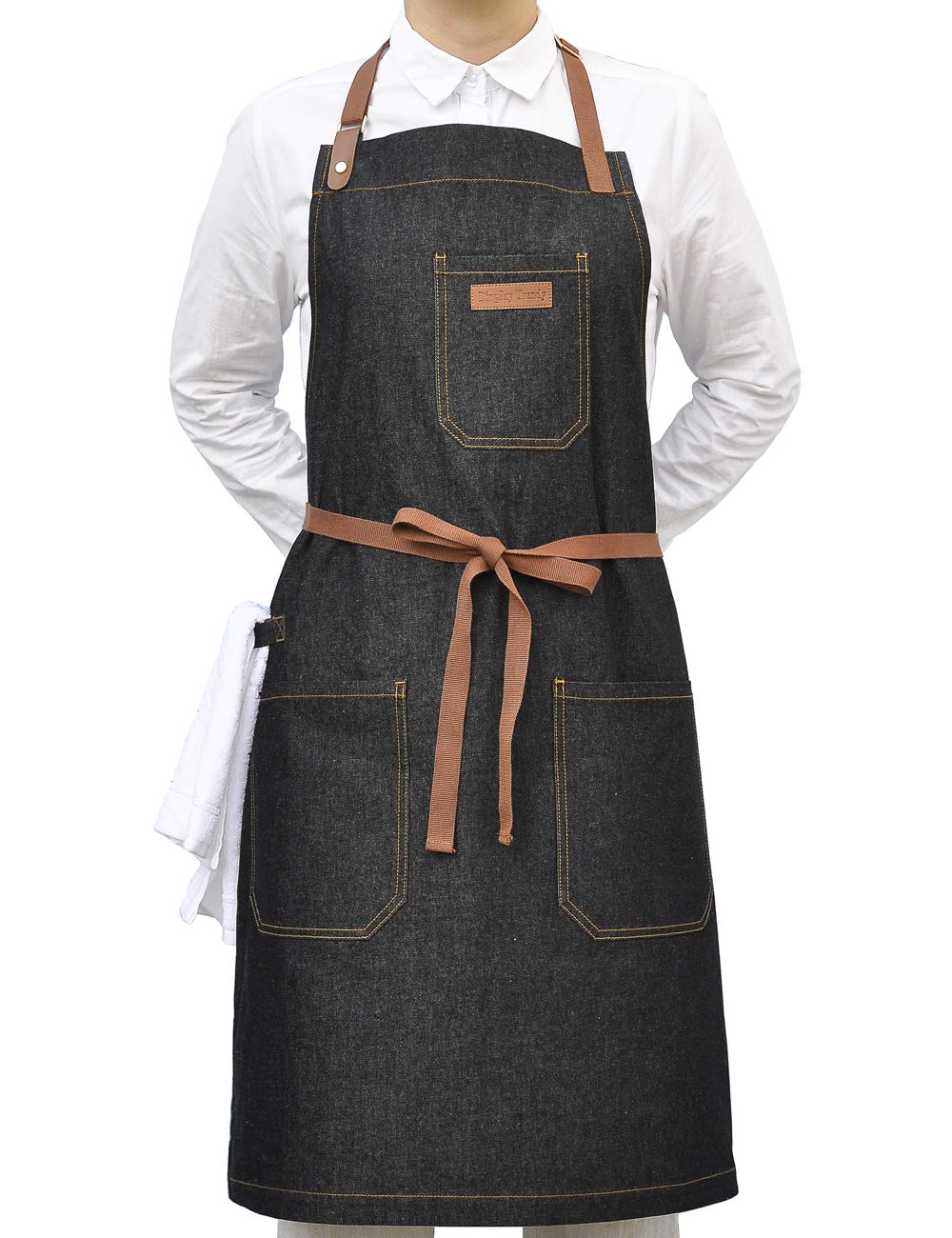Dingsay Trendy Denim Chef Apron With Pockets, Mens Womens Professional Kitchen Bib Black Apron For Cooking Grill Bbq Server, Wit