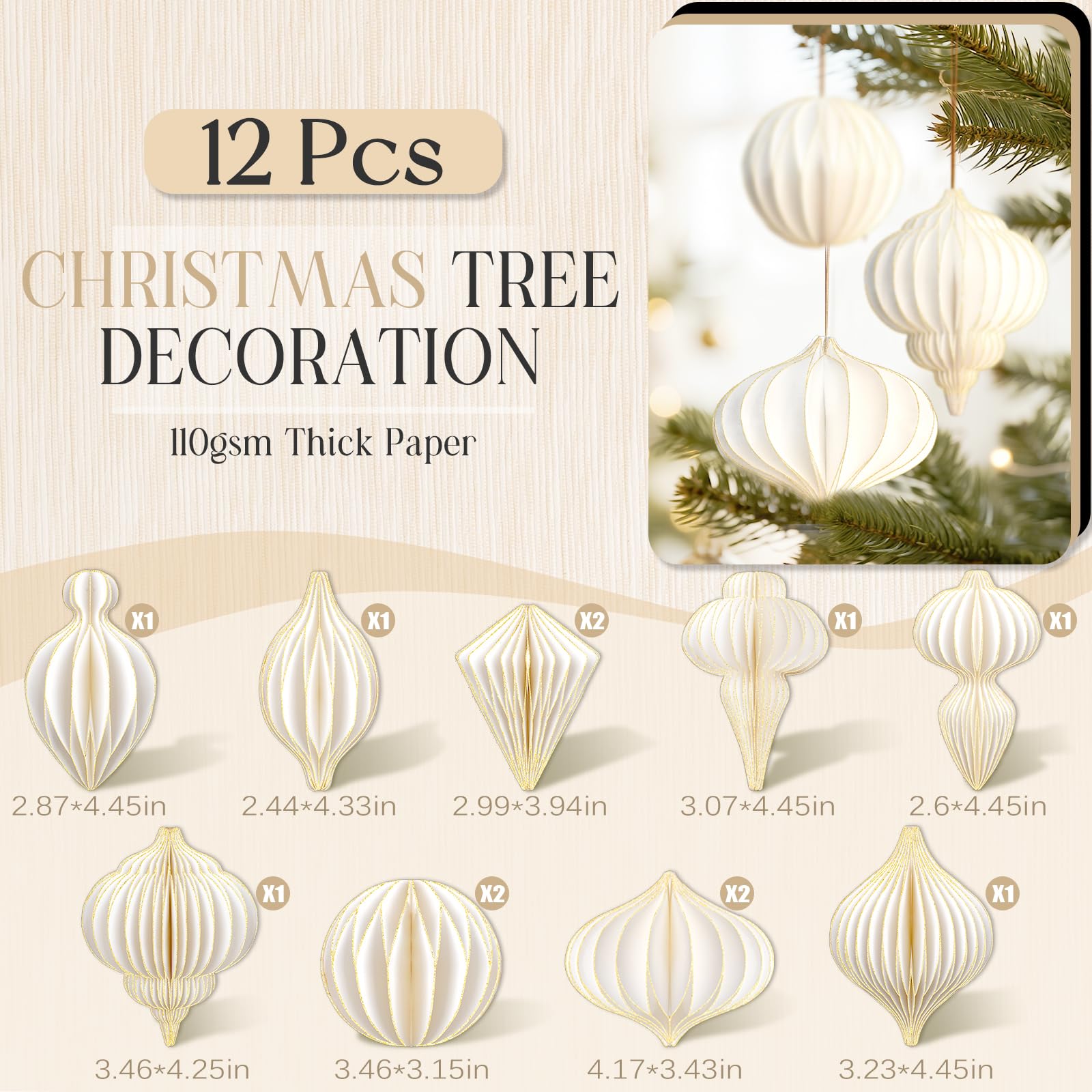 12 Pcs Christmas Paper Honeycomb Ornaments for Tree, 3D Glitter Edge Paper Honeycomb Lanterns Foldable Hanging Decorations for X