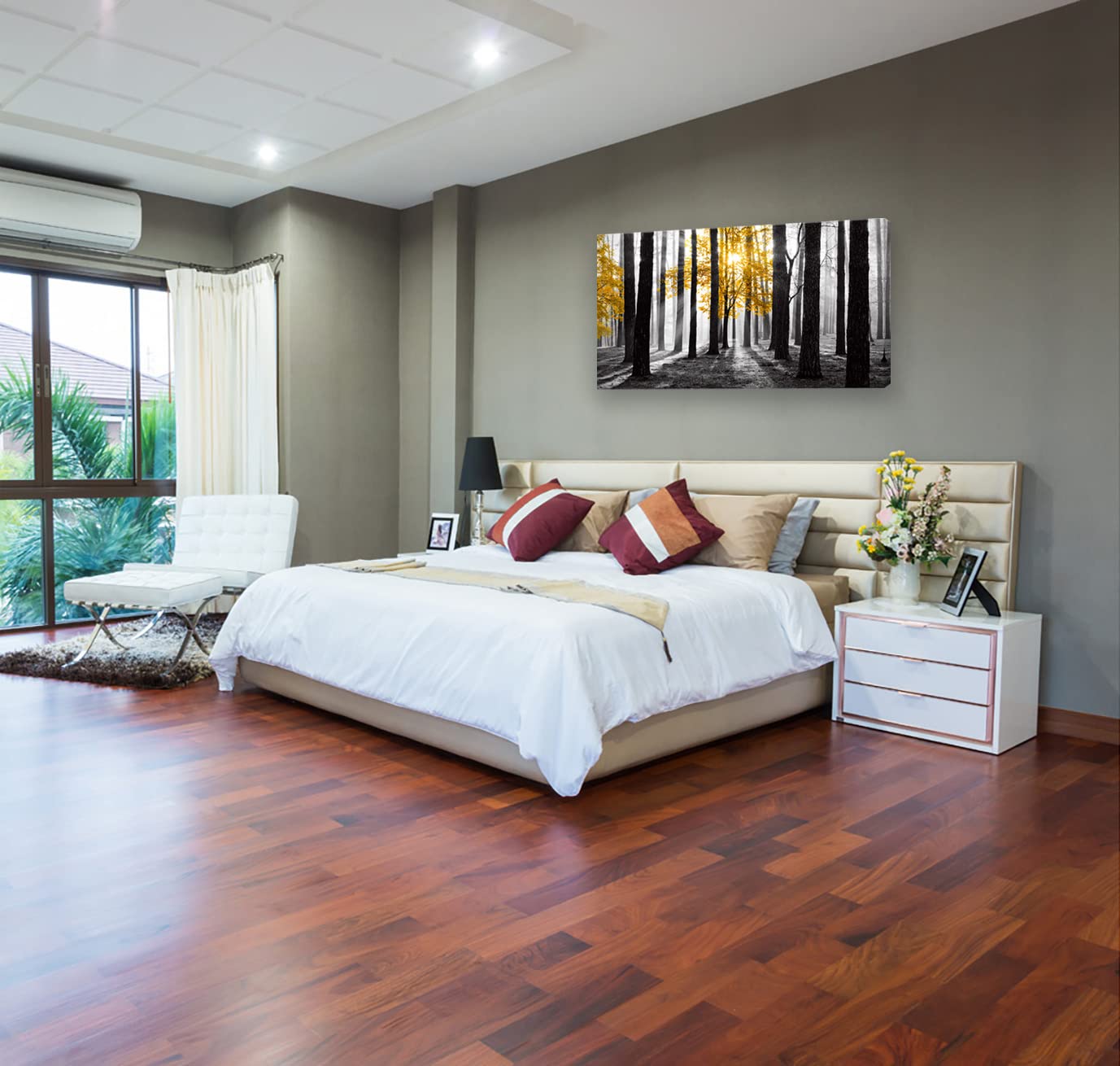 Cao Gen Decor Art S06350 Wall Art Canvas Painting Yellow Tree in Black and White Sunshine Foggy Forest Picture Poster Print Framed Ready to Hang for Living Room Bedroom Office Home Decor