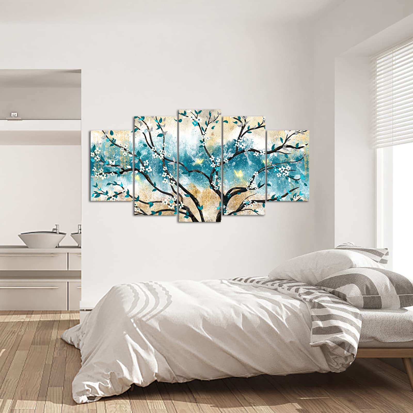 iKNOW FOTO Huge 5 Panel Canvas Print Blue Leaf with Yellow Butterfly White Rose Canvas Art Painting Teal Abstract Wall Art Flower Picture on Canvas Contemporary Artwork 60x32inch