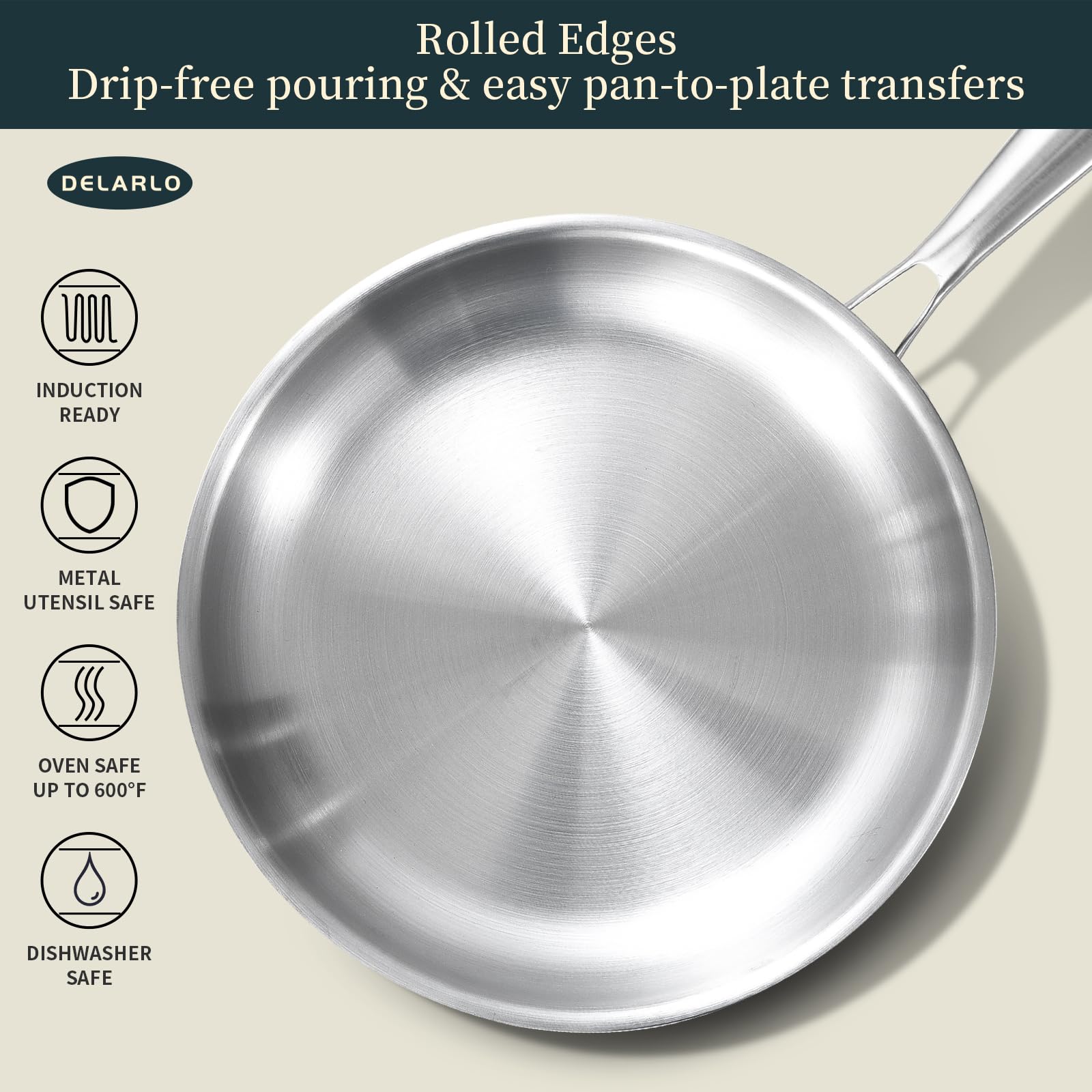 Delarlo Whole Body Tri-Ply Stainless Steel Frying Pan Set, 8   /10   /12    Cooking Pans, Kitchen Cookware Set, Fast Heating Che