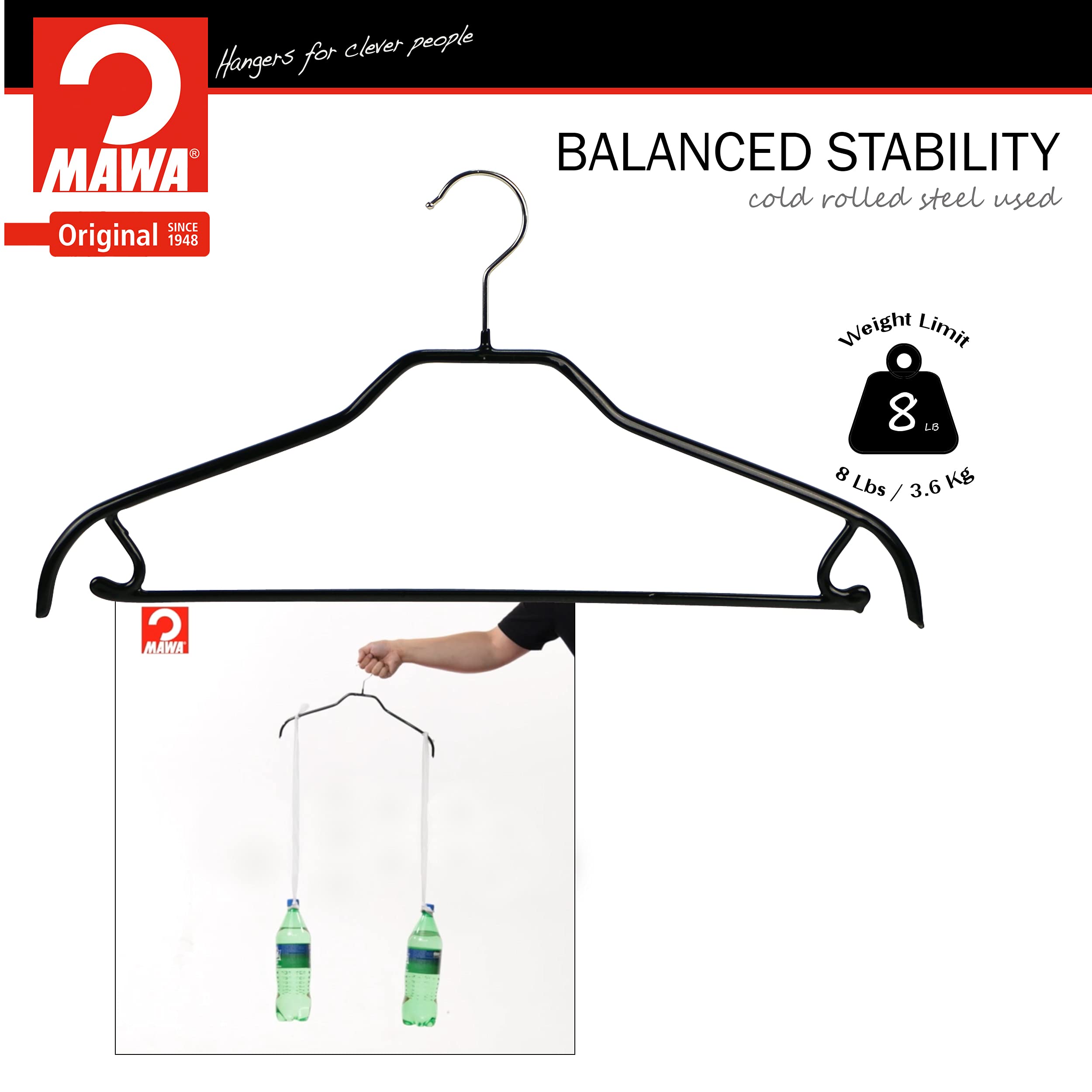 Mawa by Reston Lloyd Silhouette Series Non-Slip Space Saving Clothes Hanger with Bar & Hook for Pants and Skirts  Style 41/FRS  Set of 12  Black