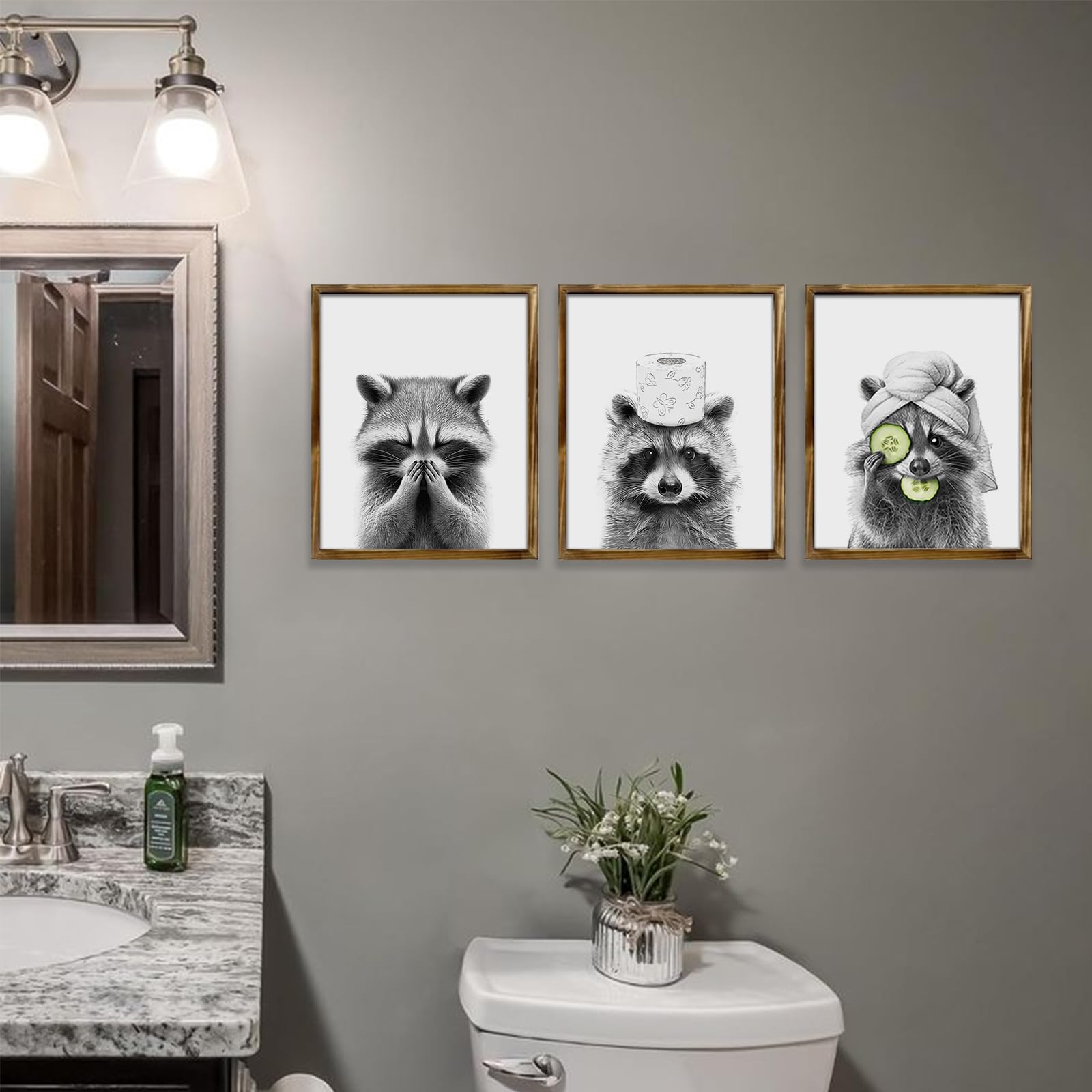 Twnslla Adorable Raccoon Bathroom Wall Art Set Of 3,Funny Bathroom Decor Wall Art,Bathroom Fuuny Raccoon Art Prints,Funny Bathro