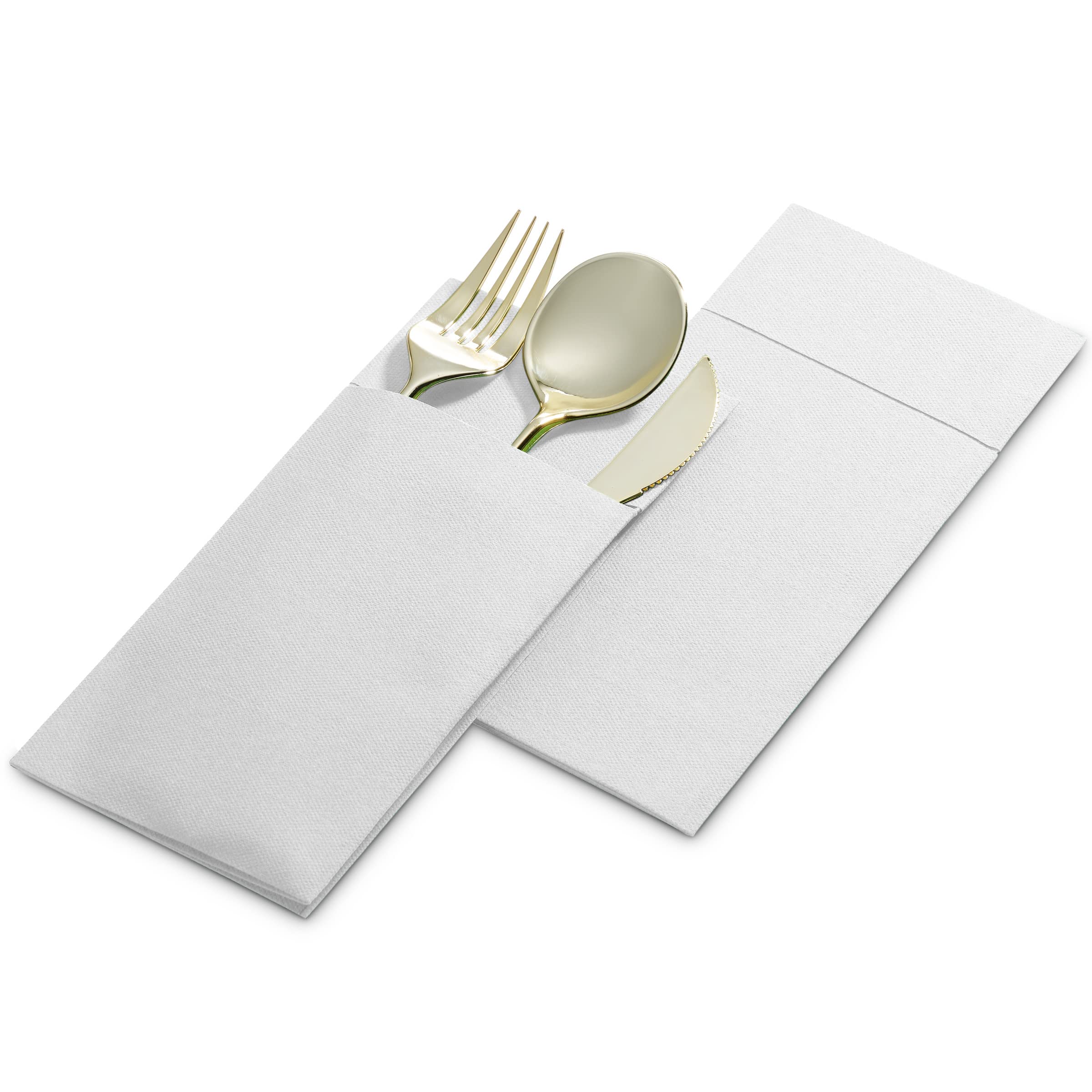 Disposable Linen-Feel Dinner Napkins with Built-in Flatware Pocket  50-Pack WHITE Prefolded Cloth Like Paper Napkins For Dinner  Wedding Or Party [Silverware NOT Included]