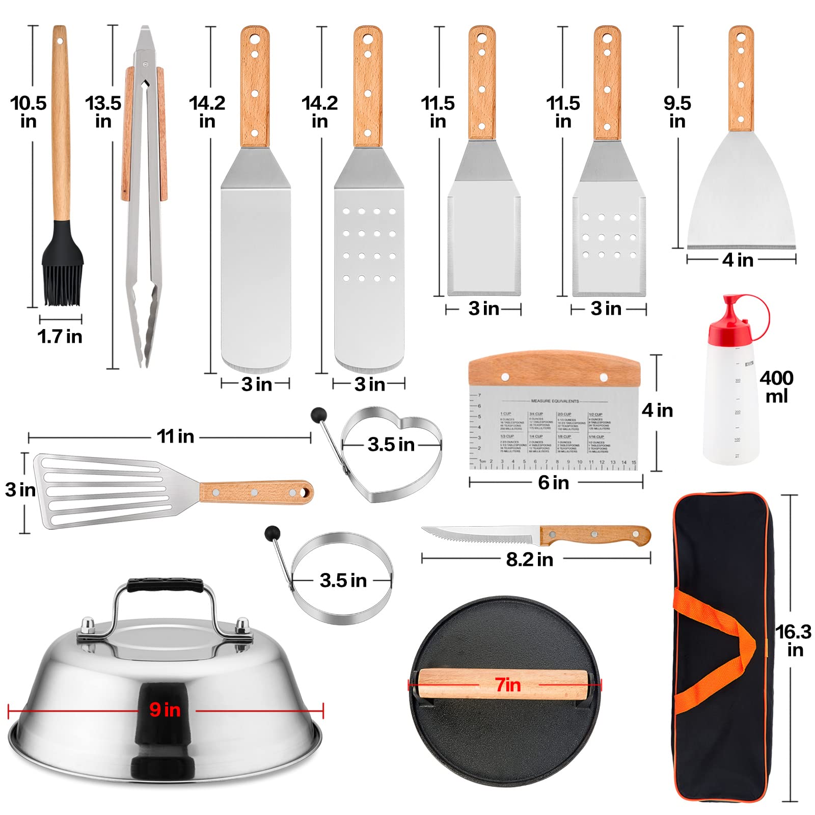 Griddle Accessories Set of 20  HaSteeL Complete Stainless Steel Griddle Spatula Tools with 9? Melting Dome  Heavy Duty Metal Spatulas Choppers Cast Iron Grill Press for Flat Top Teppanyaki BBQ Outdoor