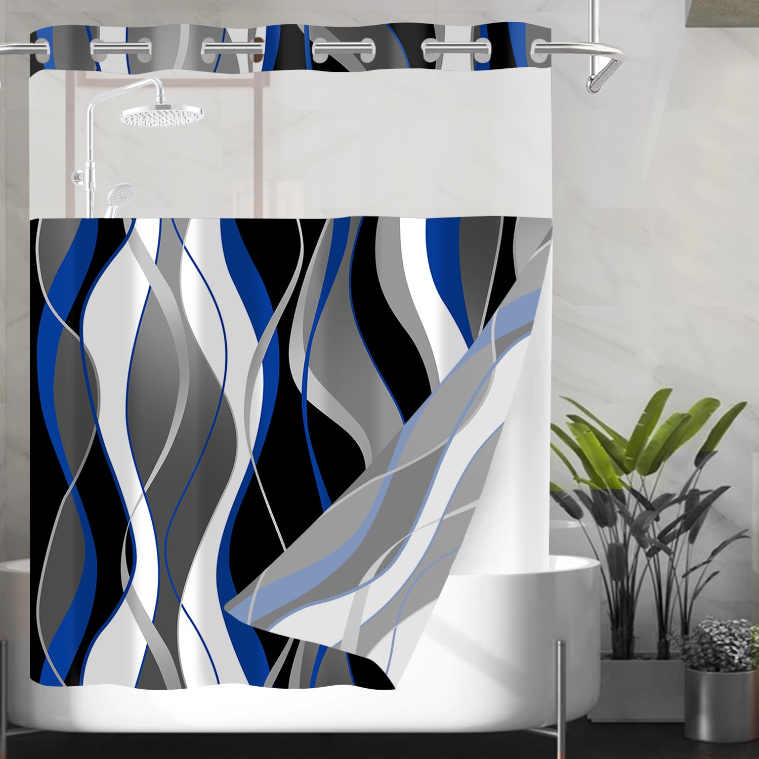 Nkzply No Hook Shower Curtain And Liner Set Blue Striped Shower Curtain With Snap In Liner Fabric Bathroom Curtain With Liner Mo