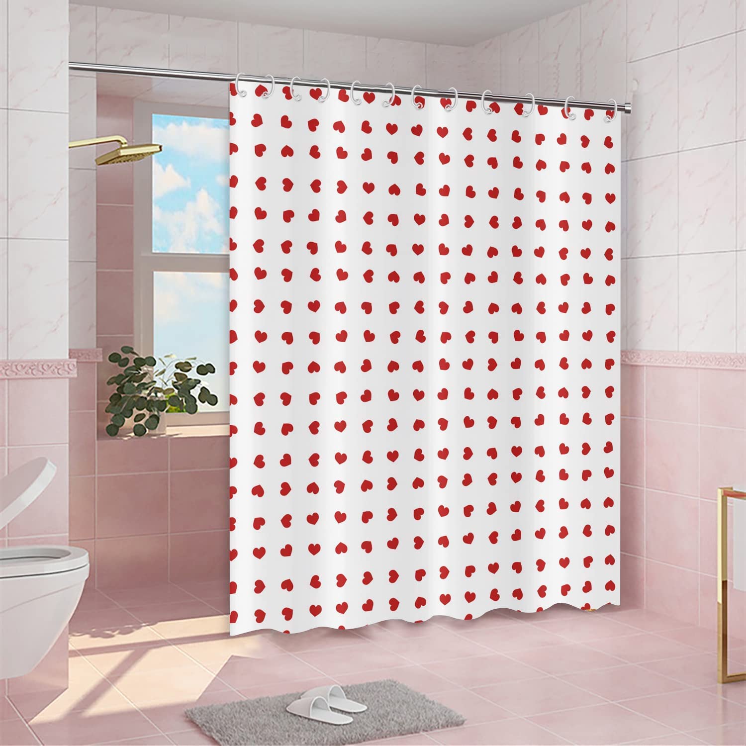 Gcirec Valentine'S Day Shower Curtain, Weighted Bottom Romantic Love Theme Red Little Heart Farmhouse Girly Girly Fabric Bathroo