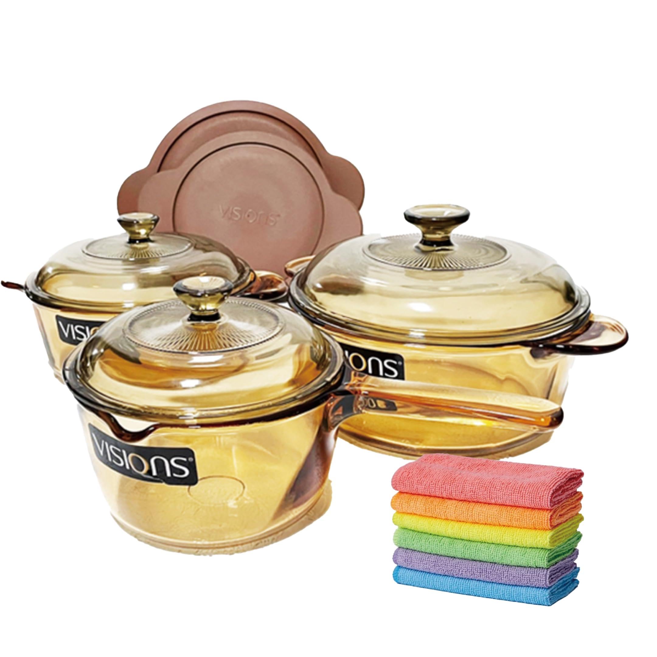 Visions VS338 3Piece Glass Cookware Set with Lids, Stovetop & Oven Safe, NonPorous, Transparent  1L/1.25L/2.25L  Includes 2