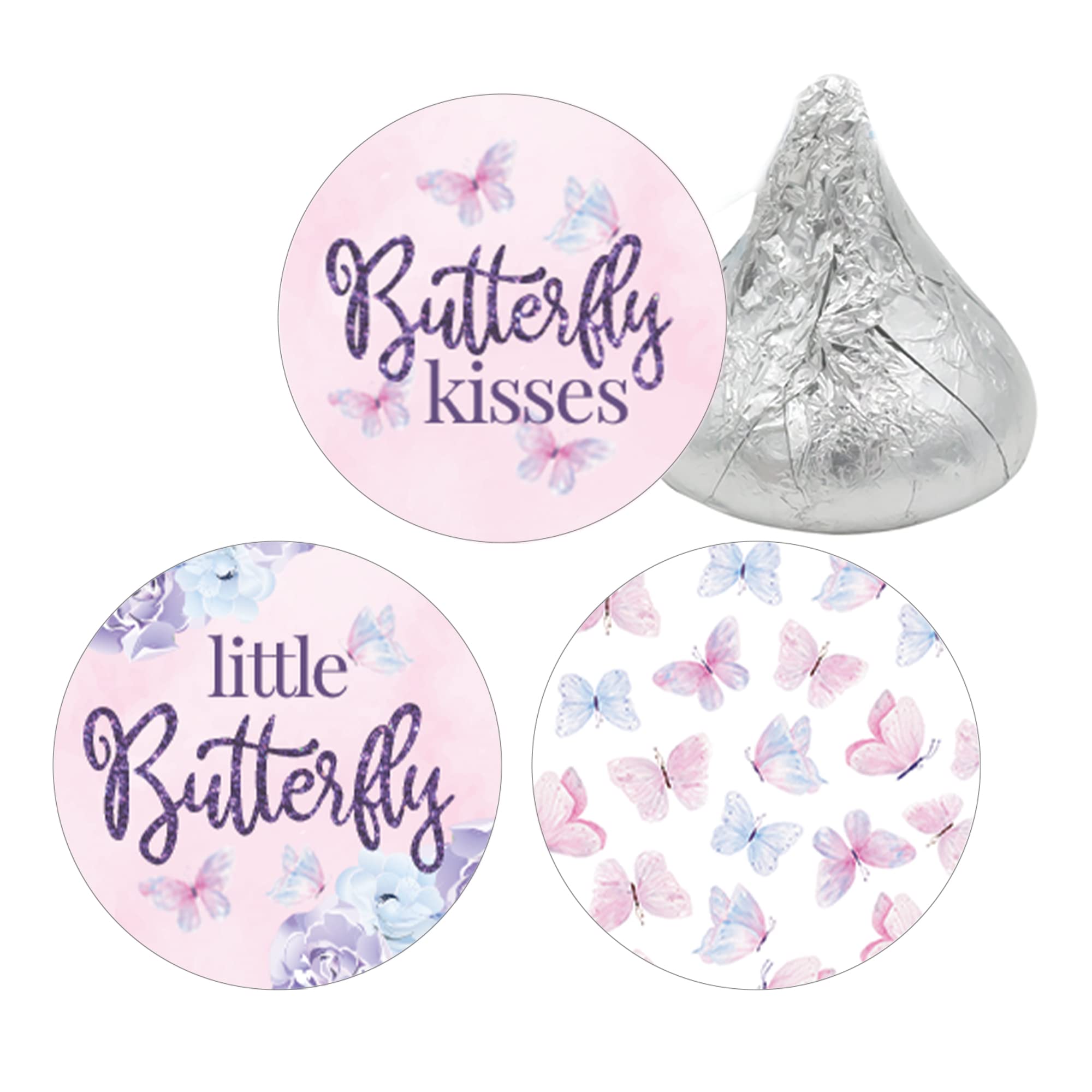 Butterfly Girl Baby Shower Party Favor Stickers, A Little Butterfly Is On Her Way - It'S A Girl Pink And Purple Kisses Candy Lab