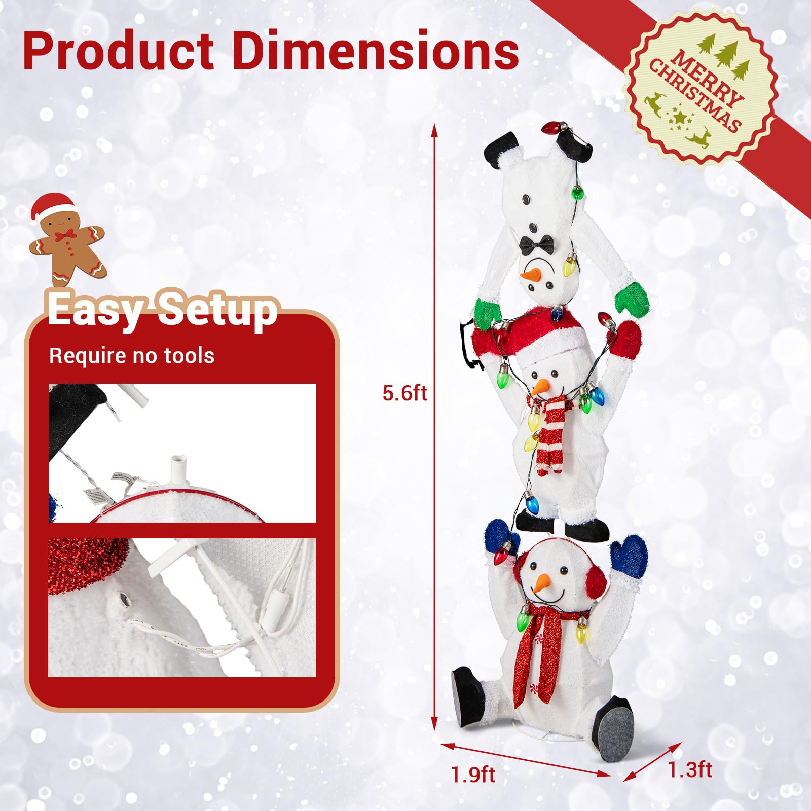 Tangkula 5.6 FT Lighted Christmas Stacked Snowmans Decoration, Pre-Lit Snowman Ornament with LED Lights, Light String, Outside X