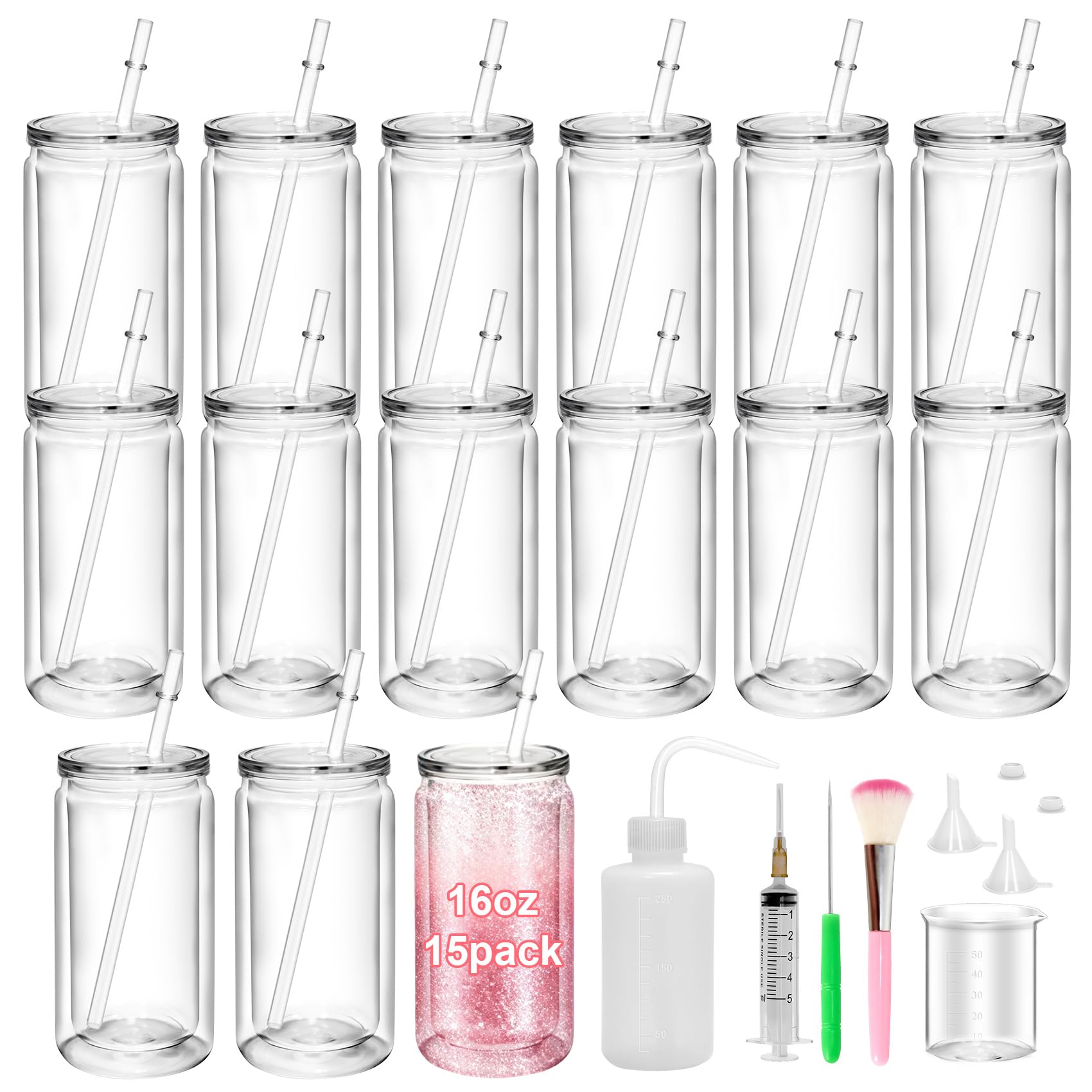 15 Pack Snow Globe Tumbler Cups with Tools, 16 oz Snowglobe Tumblers Bulk with Pre Drilled Hole, Plastic Snow Globe Tumbler with