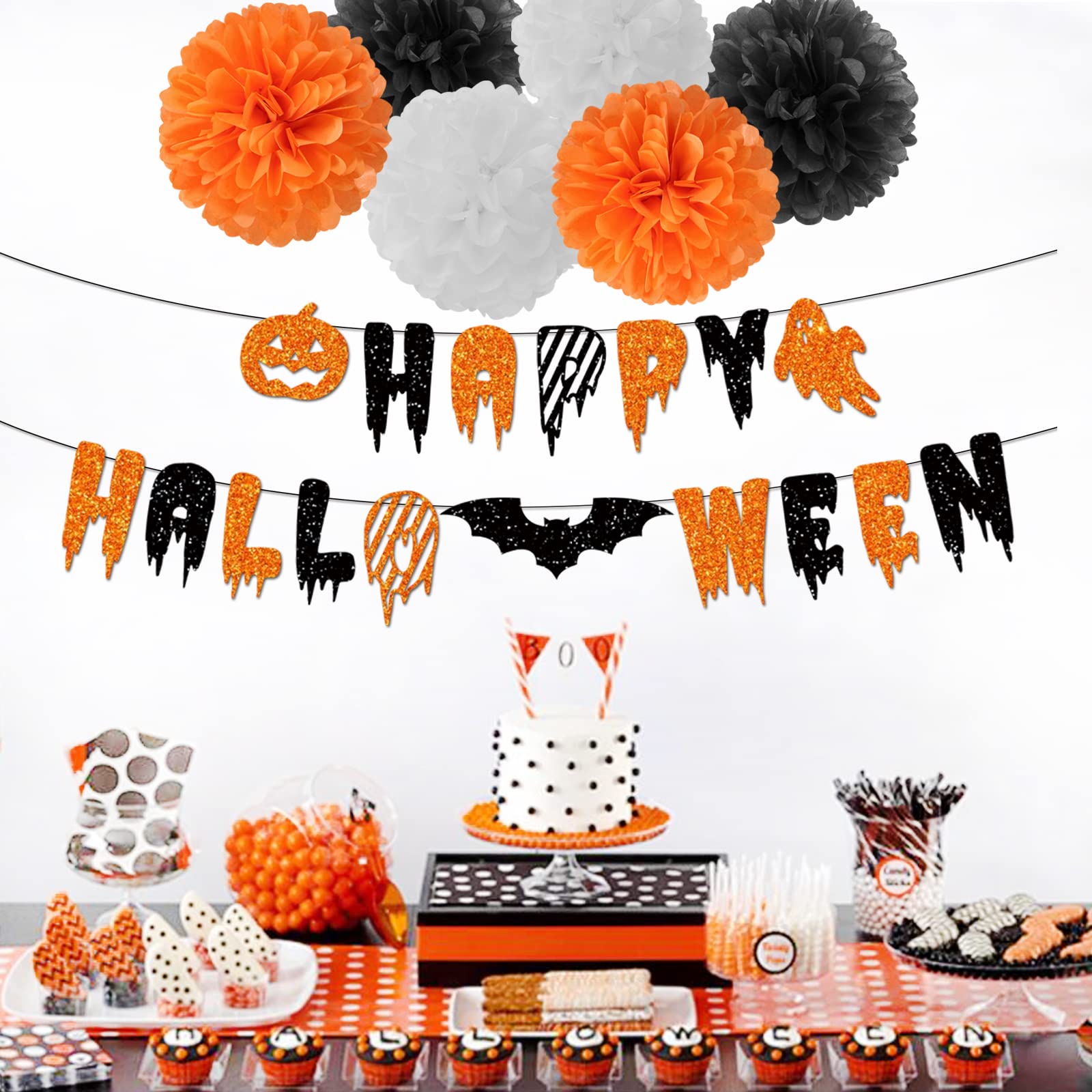 Black Orange White Halloween Party-Decorations - 8Pcs Kits Happy Halloween Banner, Tissue Flower Paper Pom Poms Streamers,Bat De
