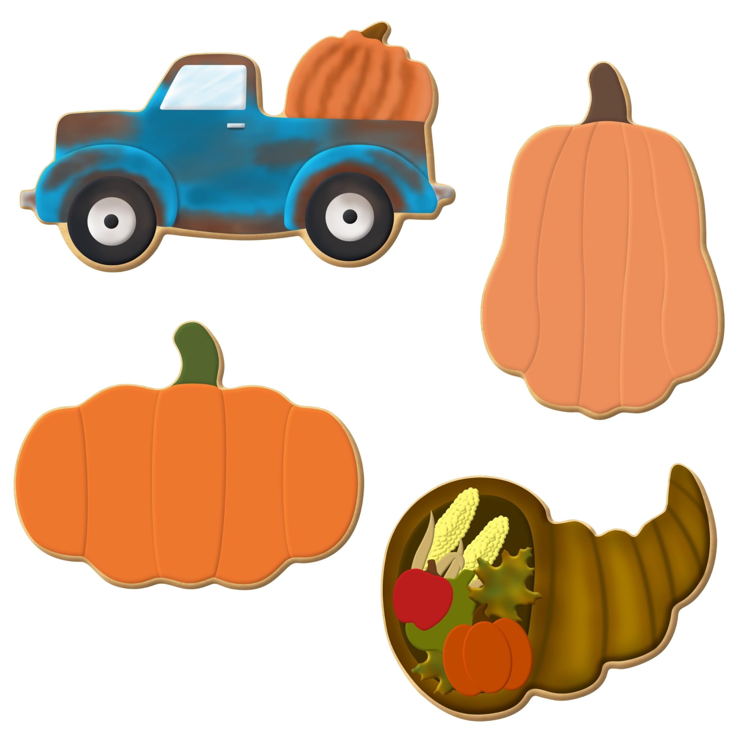 Pumpkin Harvest Cookie Cutter 4 Pc Set - 3.75 In Tall Pumpkin, 3.75 In Flat Pumpkin, 5 In Truck With Pumpkin, 3.25 In Cornucopia