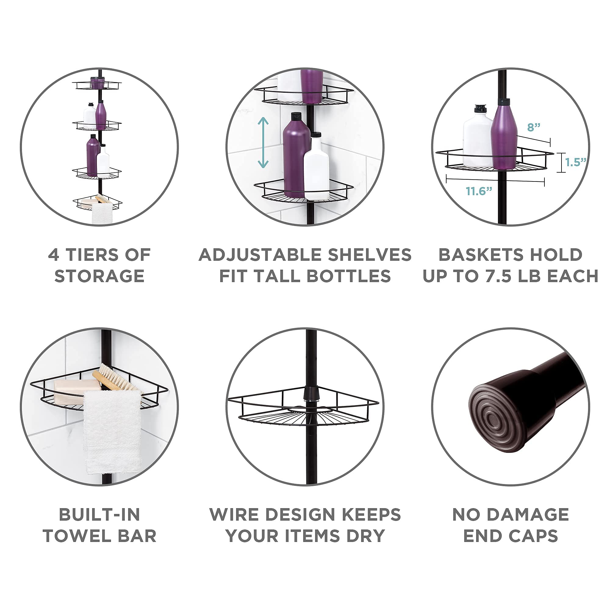 Zenna Home Rust-Resistant Corner Shower Caddy For Bathroom, 4 Adjustable Shelves And Towel Bar, With Tension Pole, For Bath And