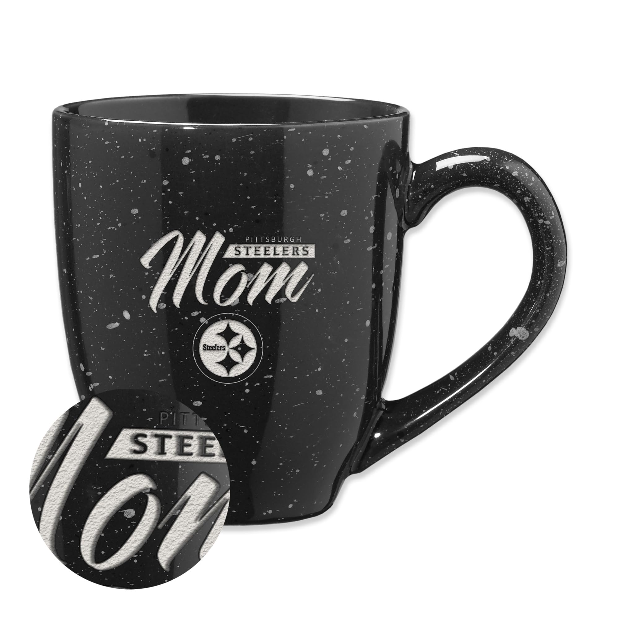 Rico Industries NFL Football Pittsburgh Steelers Mom Black 16 oz Team Color Laser Engraved Speckled Ceramic Coffee Mug