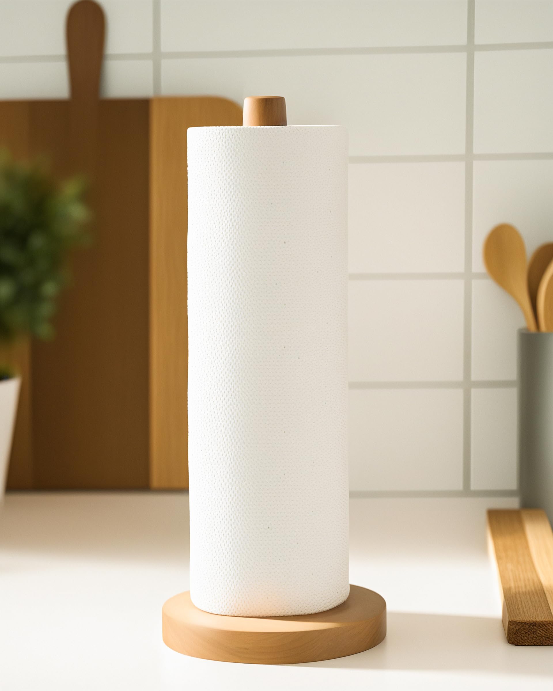 Kitchlife Wooden Paper Towel Holder Countertop - Solid Beechwood Paper Towel Dispenser Stand With Anti-Skid Base
