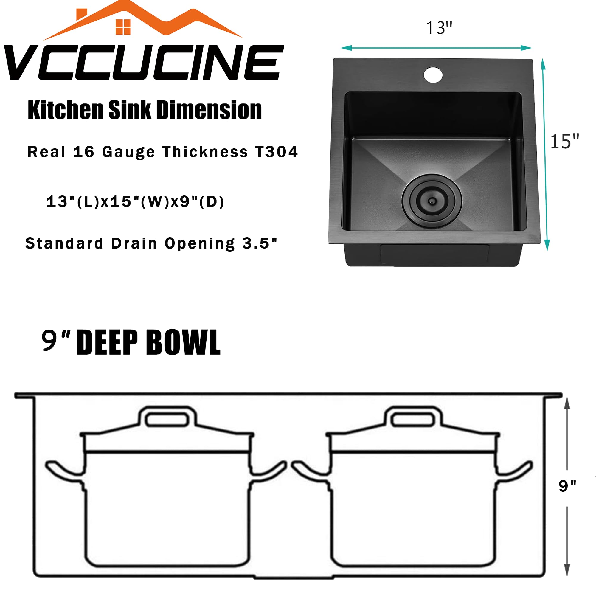 Vccucine Gunmetal Black Bar Sink Drop In, 13 X 15 Inch Topmount Rv Small Kitchen Sink, Handmade Stainless Steel Wet Bar Sink, Ou