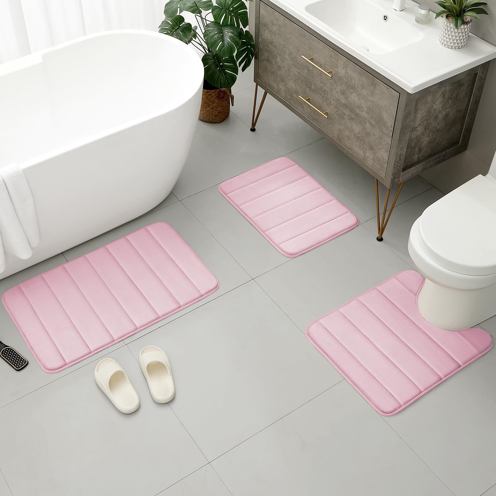 Bysure Pink Memory Foam Bathroom Rug Set 3 Piece, Non Slip Extra Soft Absorbent Bath Mats, Machine Washable & Dry Toilet Mat Set