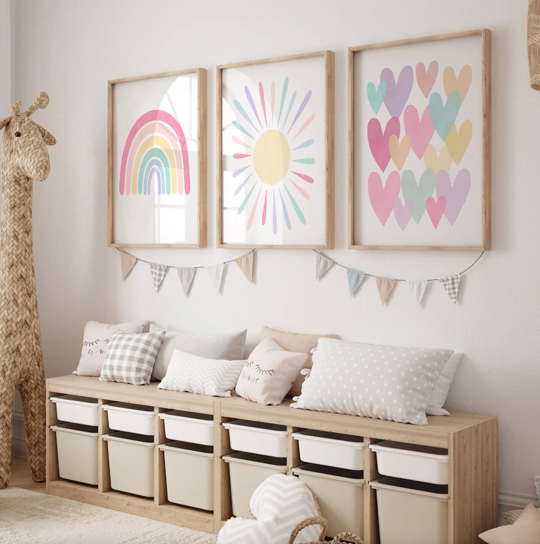 3Pcs Pink Nursery Canvas Wall Art Pastel Rainbow Sun Hearts Posters Prints Boho Pink Sunshine Painting Wall Decor Pictures For T
