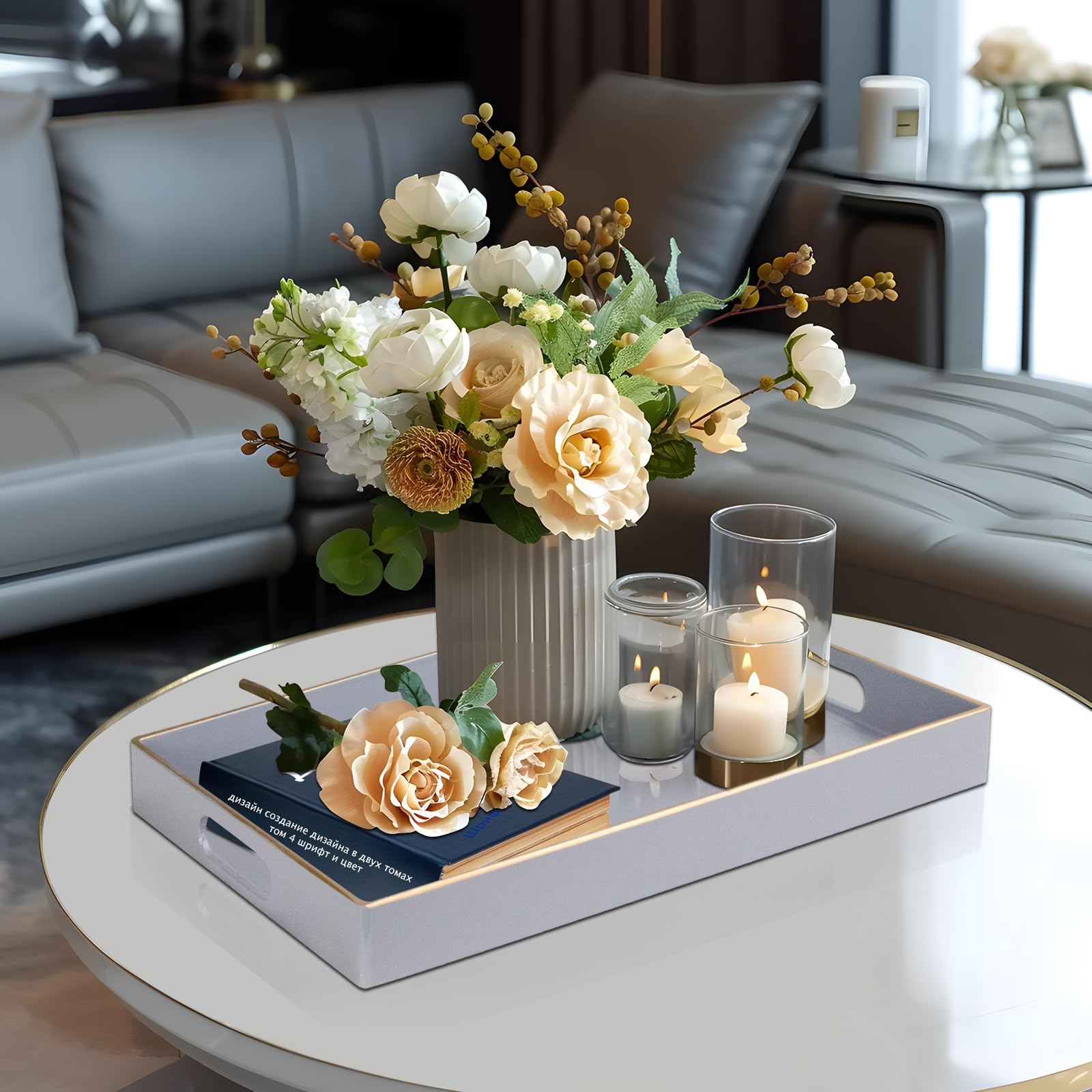 Maoname Gray Serving Tray With Handles, Modern Grey Decorative Tray For Coffee Table, Plastic Rectangular Gray Tray For Ottoman,