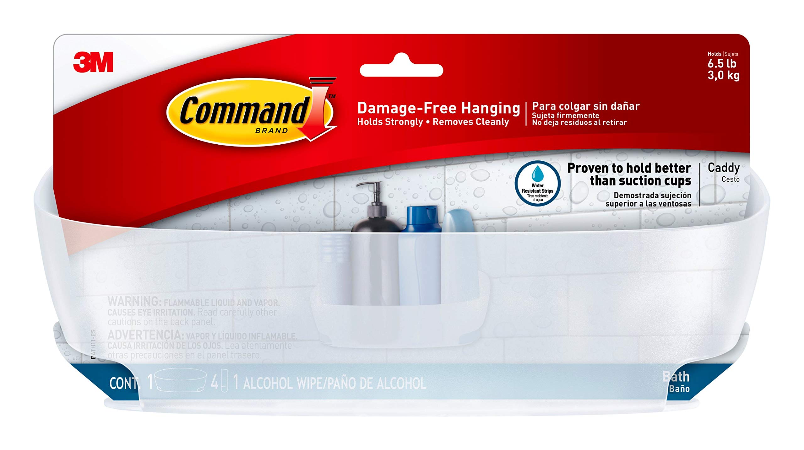 Command Shower Caddy, Clear Frosted, 1-Caddy, 4-Water Resistant Strips, Organize Damage-Free
