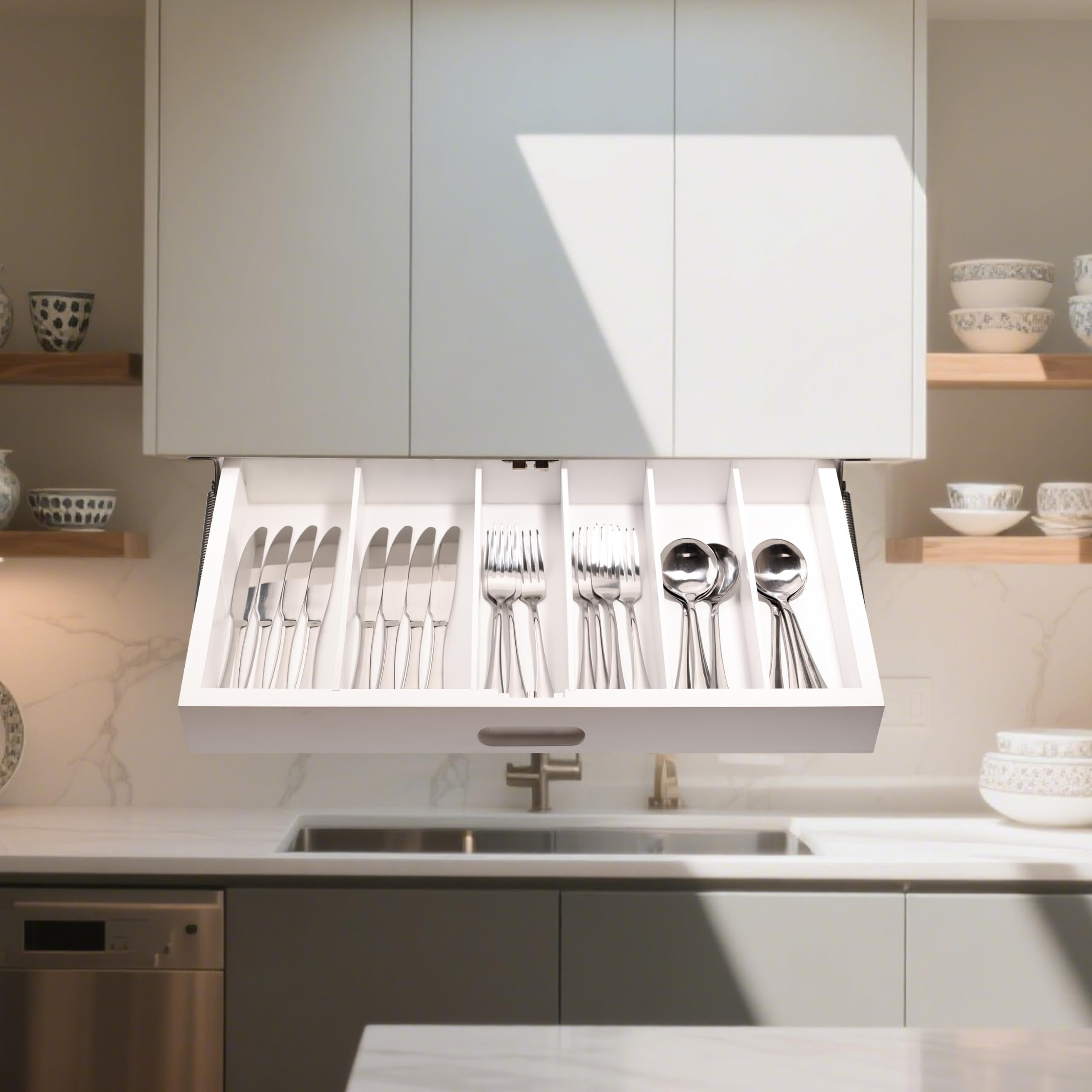 HQULIFBL Under Cabinet Silverware Rack, Pull Down Silverware Rack, Kitchen Storage Organizer