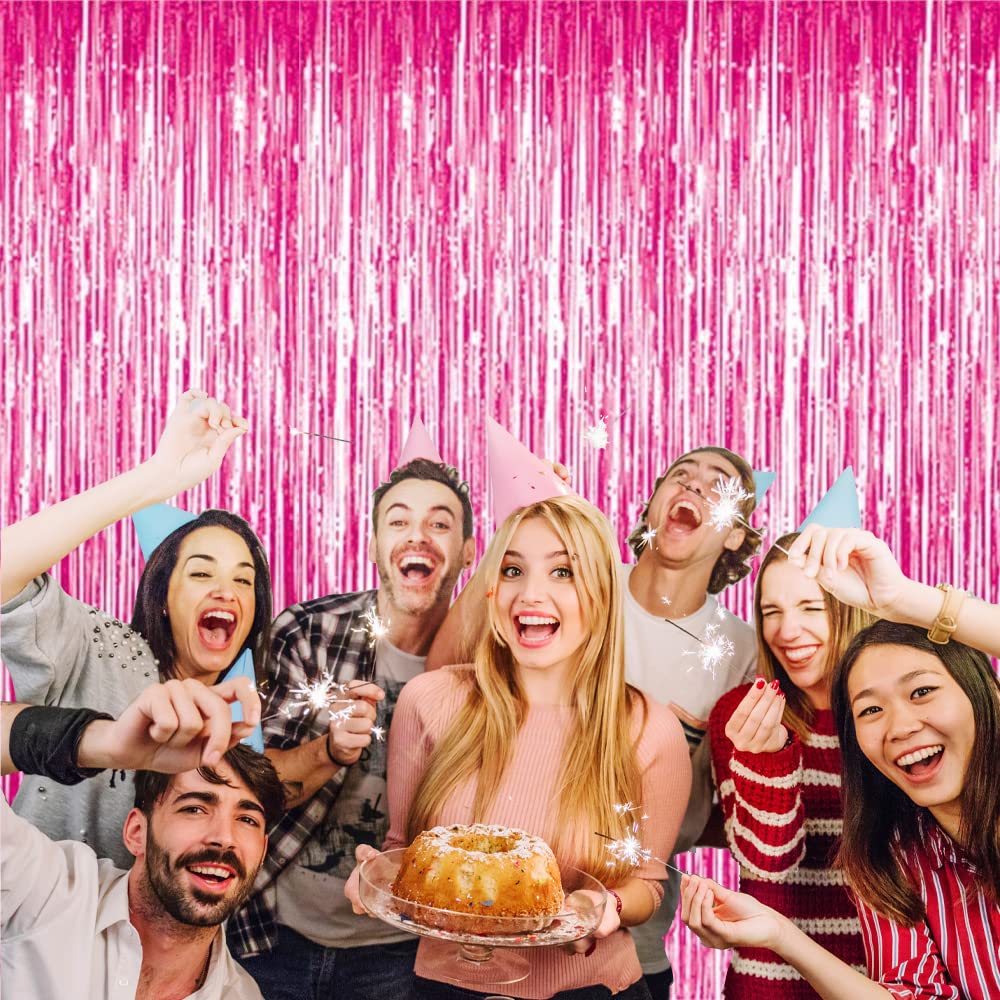 GOER 3.2 ft x 9.8 ft Metallic Tinsel Foil Fringe Curtains Party Photo Backdrop Party Streamers for Galentines Day Birthday Graduation New Year Eve Decorations Wedding Decor (1 Pack  Hot Pink)