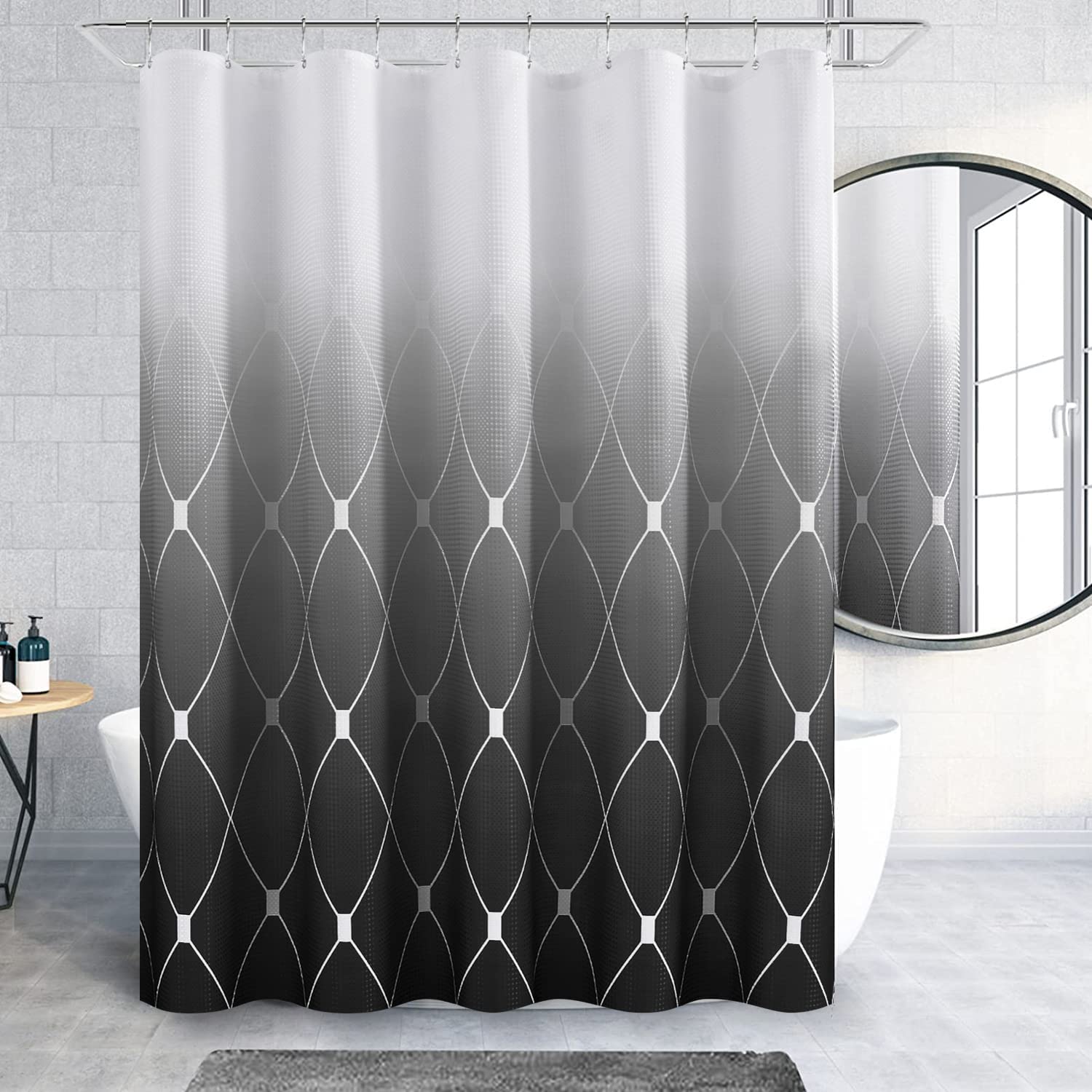 Black Geometric Shower Curtain W 54 X H 78, Waffle Weave Textured Ombre Shower Curtain For Bathroom, Black White Gradual Fabric