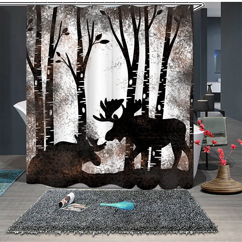 Rnnjoile Moose Shower Curtain Fabric Vintage Wild Animal In Trees Forest Silhouette Bath Curtain For Cabin Farmhouse Wildlife Ba