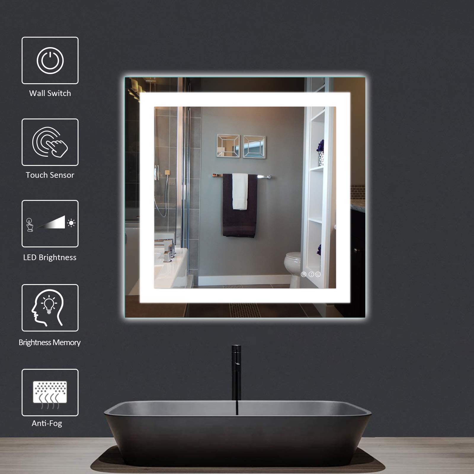 Amorho LED Bathroom Mirror 36''x 36'' with Front and Backlight  Stepless Dimmable Wall Mirrors with Anti-Fog  Shatter-Proof  Memory  3 Colors  Double LED Vanity Mirror