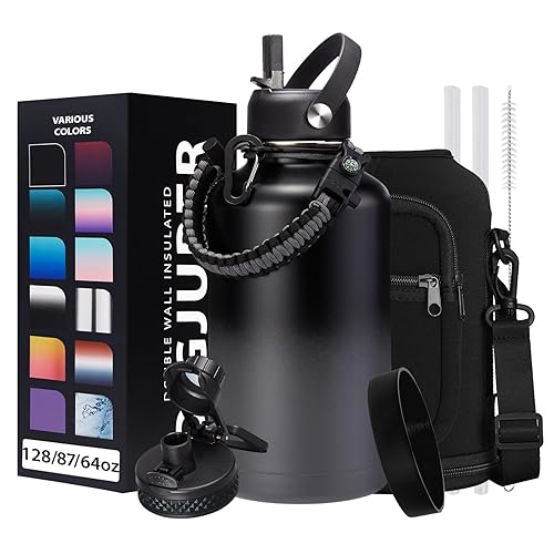 Half Gallon Insulated Water Bottle - with Straw & Spout Lid  Paracord Handle & Carrier Bag  Protective Cup Mat  64oz Vacuum Stainless Steel Water Bottle  Metal Vacuum Flasks Keep Cold 48h Hot 24h