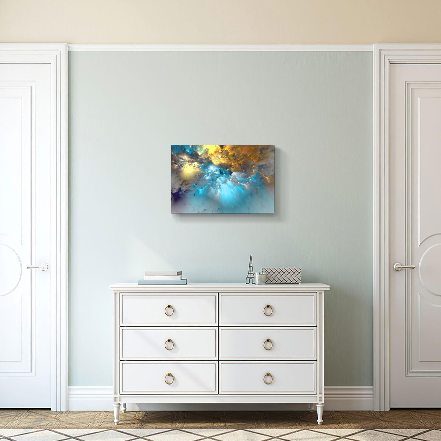 Golden Canvas Wall Art Blue Modern Abstract Painting Prints Colorful Smoke Billowing on White Background Framed Energetic Artwork Pictures for Living Room Bedroom Hallway Wall Decoration 24x16in