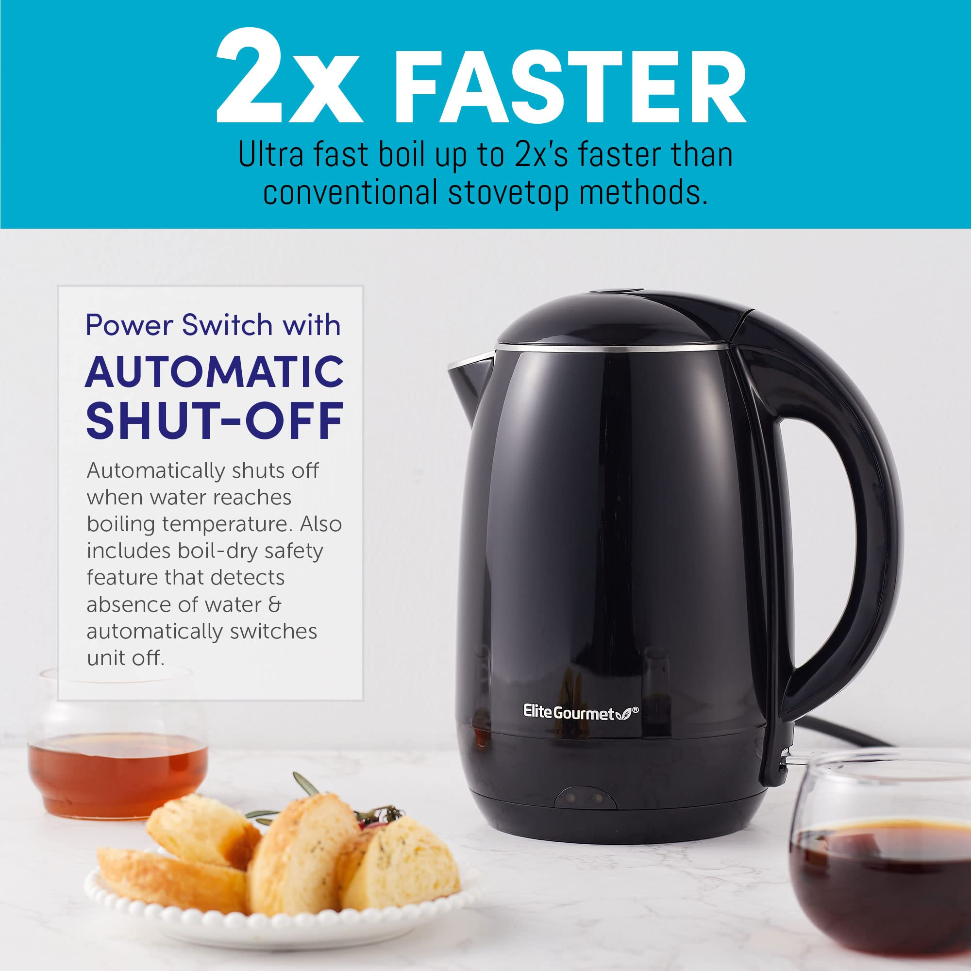 Elite Gourmet Ekt1821 1.8L Double Wall Insulated, Cool-Touch 1500W Kettle W/Stainless Steel Interior & Lid, 360 Swivel Base For
