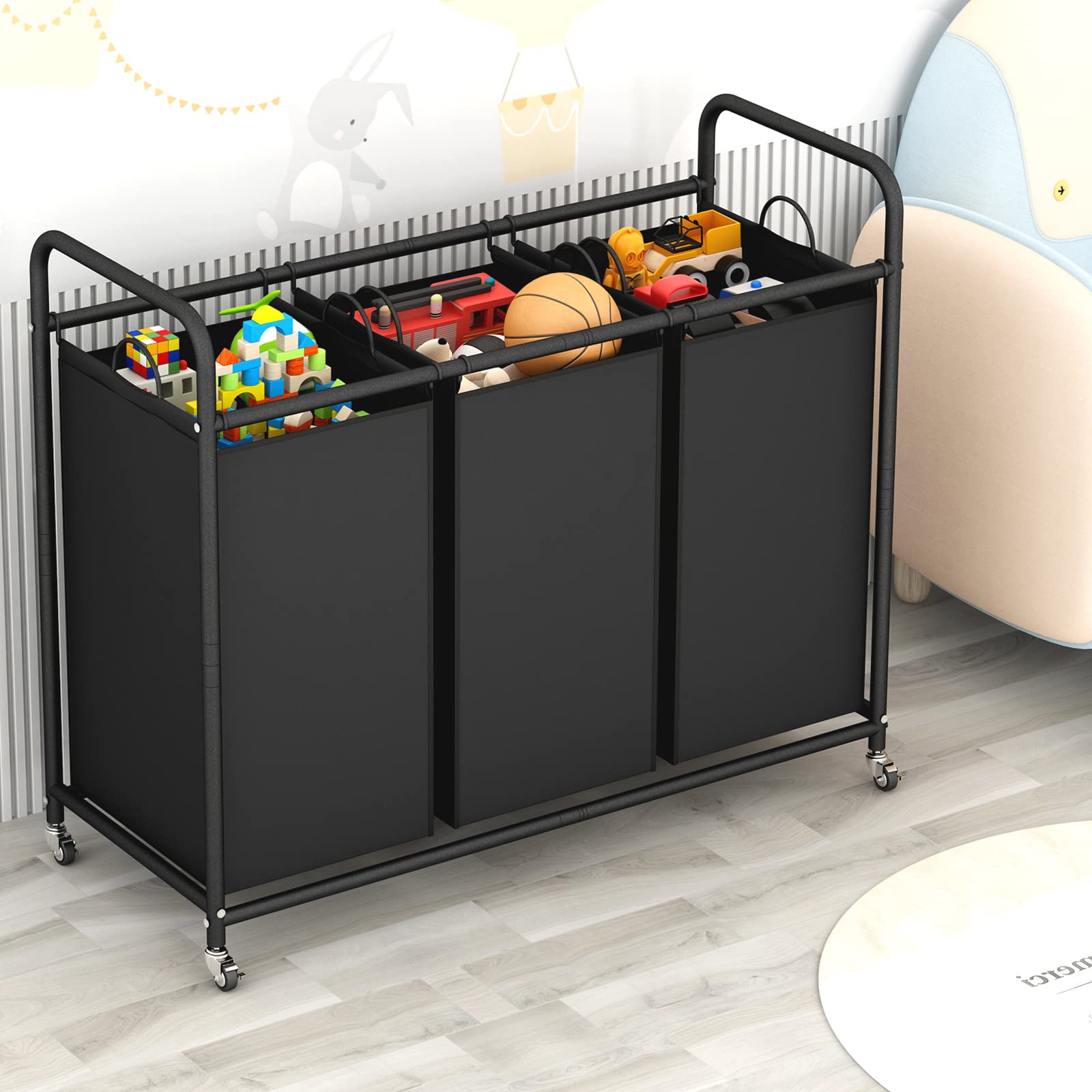 Linzinar 3-Bag Laundry Basket Hamper Laundry Sorter Cart Laundry Room Organization With Heavy Duty Rolling Lockable Wheels And R
