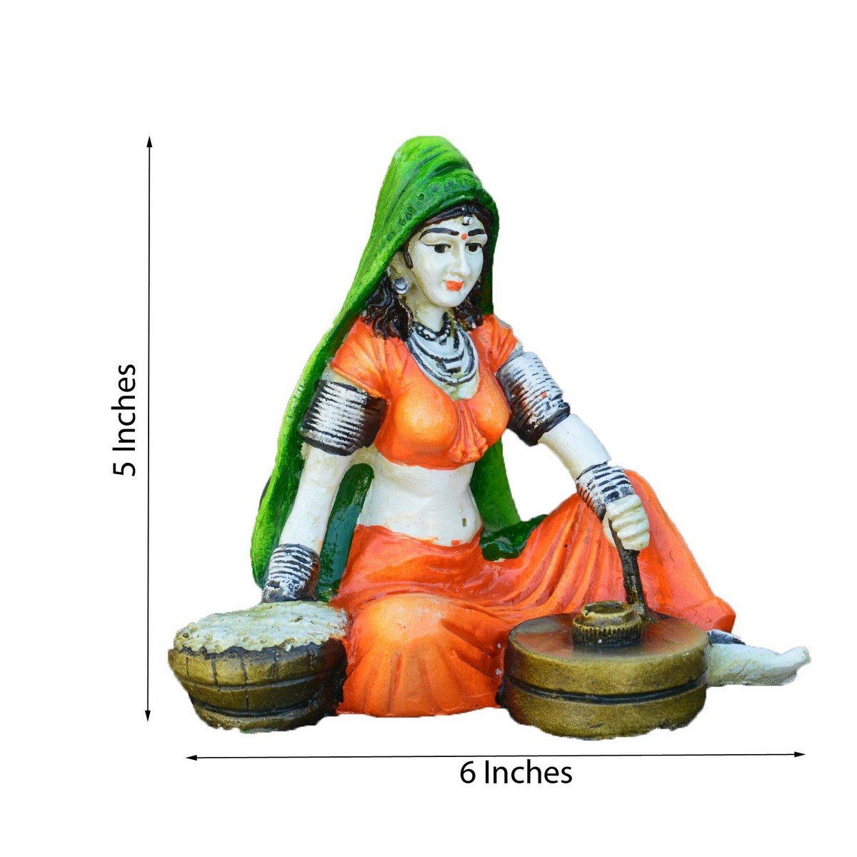Ecraftindia Rajasthani Lady Using Flour Machine Polyresin Statue (15 Cm X 12.5 Cm X 12.5 Cm, Orange And Red)