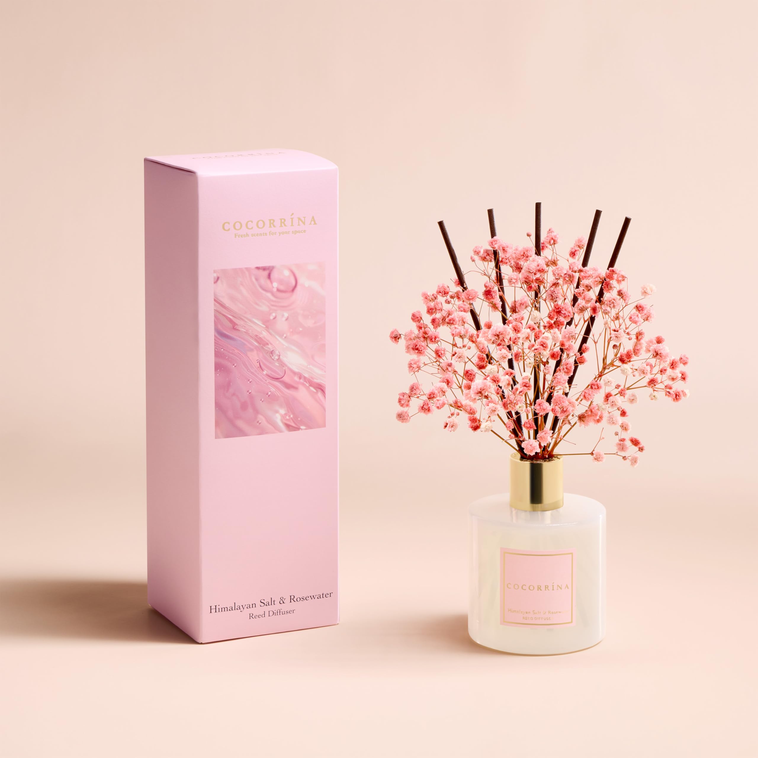 COCORR  NA Reed Diffuser - Himalayan Salt & Rosewater 6.7 Fl.oz Reed Diffuser Set with Sticks & Preserved Babys Breath, Reed Di