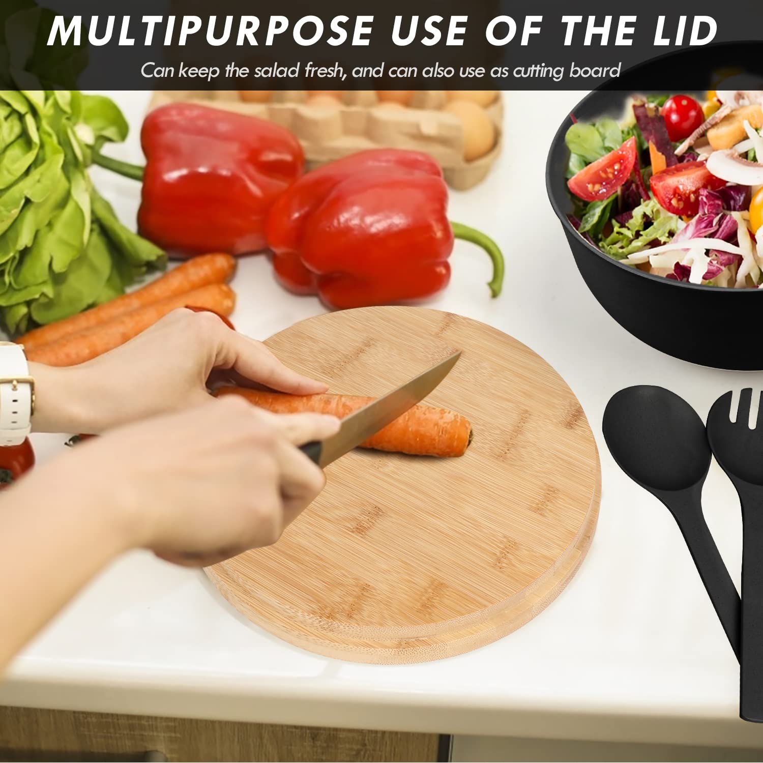 Shineme Salad Bowls, Large Salad Bowl With Lid And Servers, Bamboo Salad Bowl Set With 4Pack Small Serving Bowls, 9.8Inches Soli