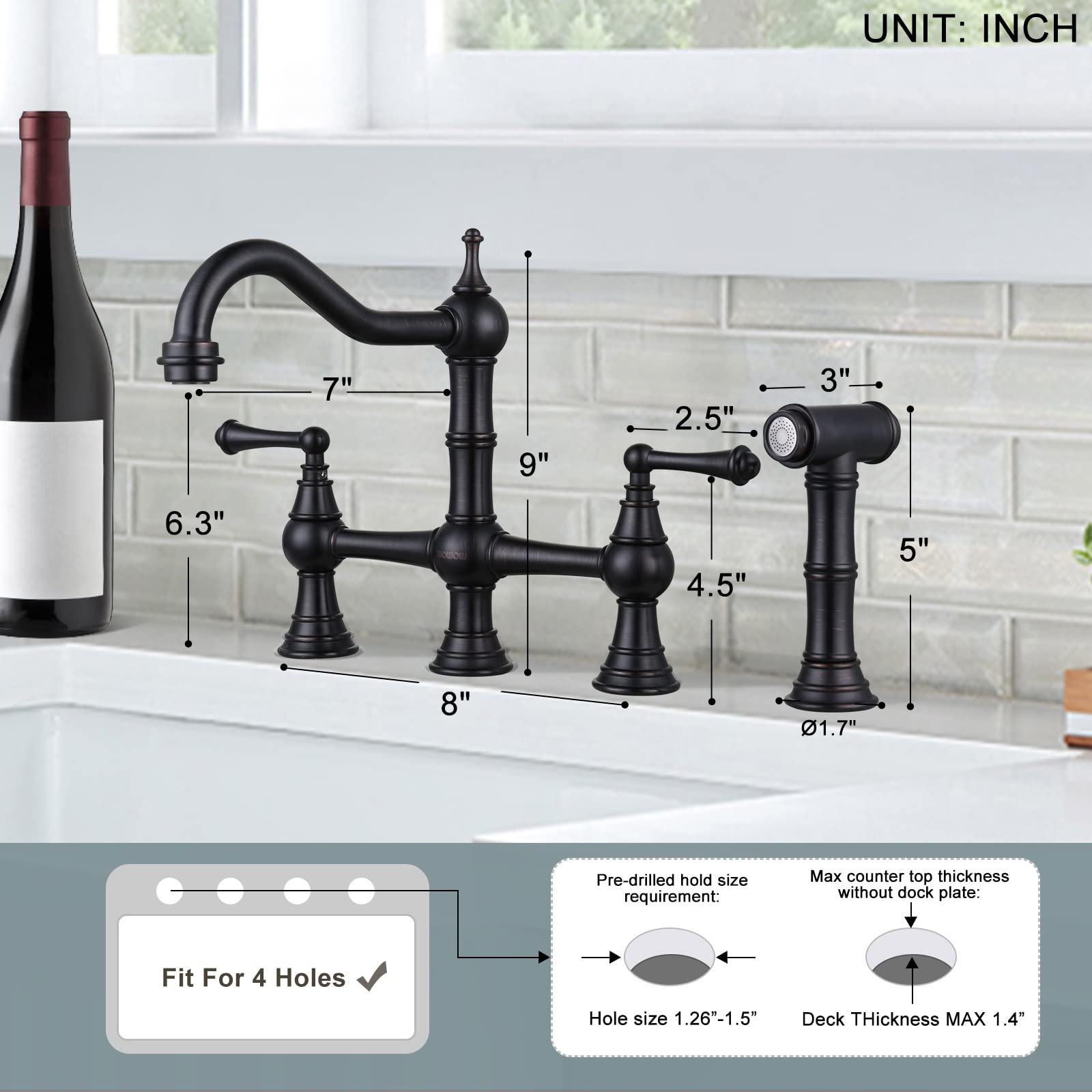 Wowow Brass Kitchen Faucet With Side Sprayer, 8 Inch Centerset Bridge Faucet For Kitchen Sinks, 4 Hole Kitchen Faucet Bronze Vin