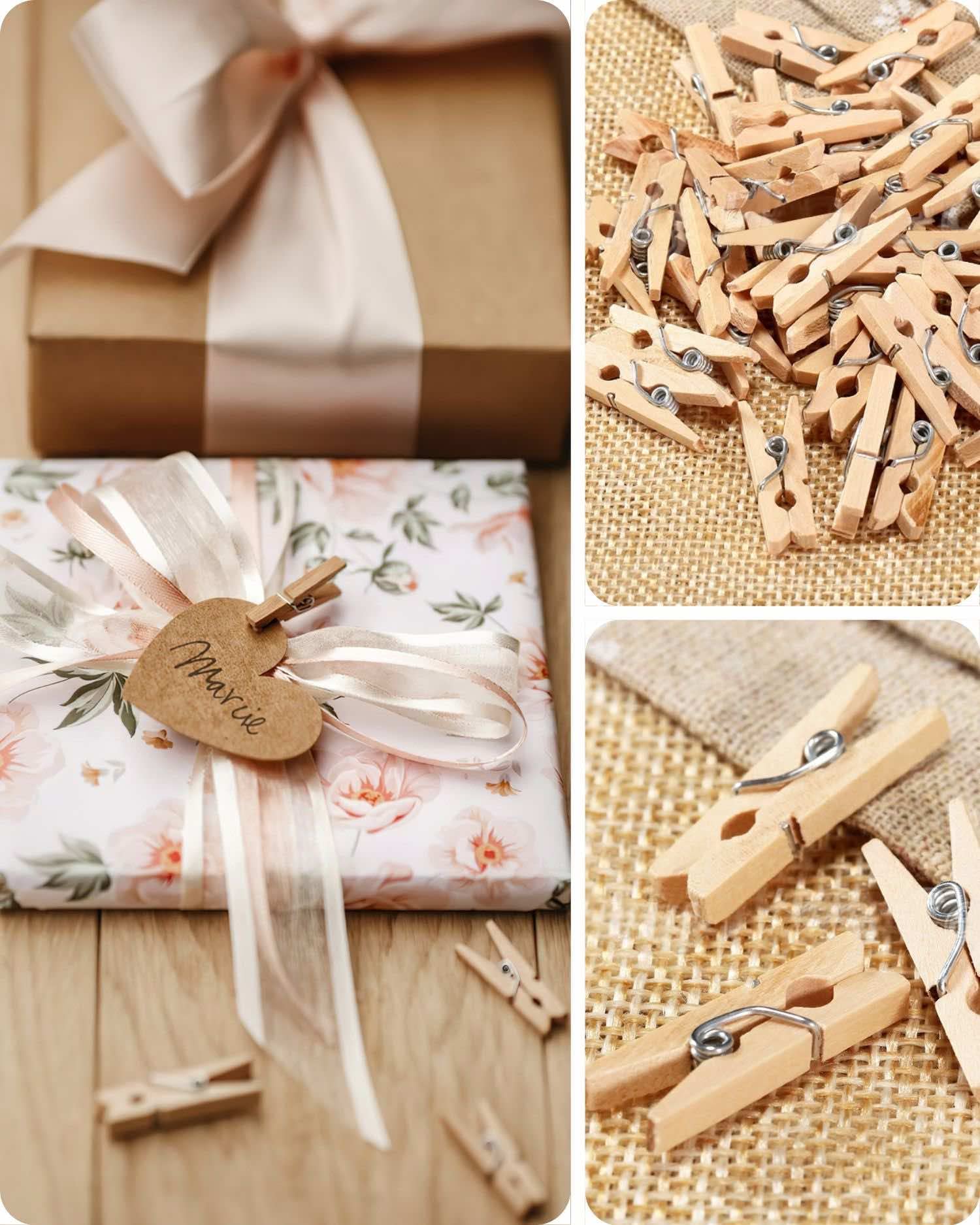 Mini Clothes Pins For Photo, Natural Small Wooden Clothespins 1 Inch Tiny Wood Decorative Clips Bulk, 33Ft Jute Twine And Clothe