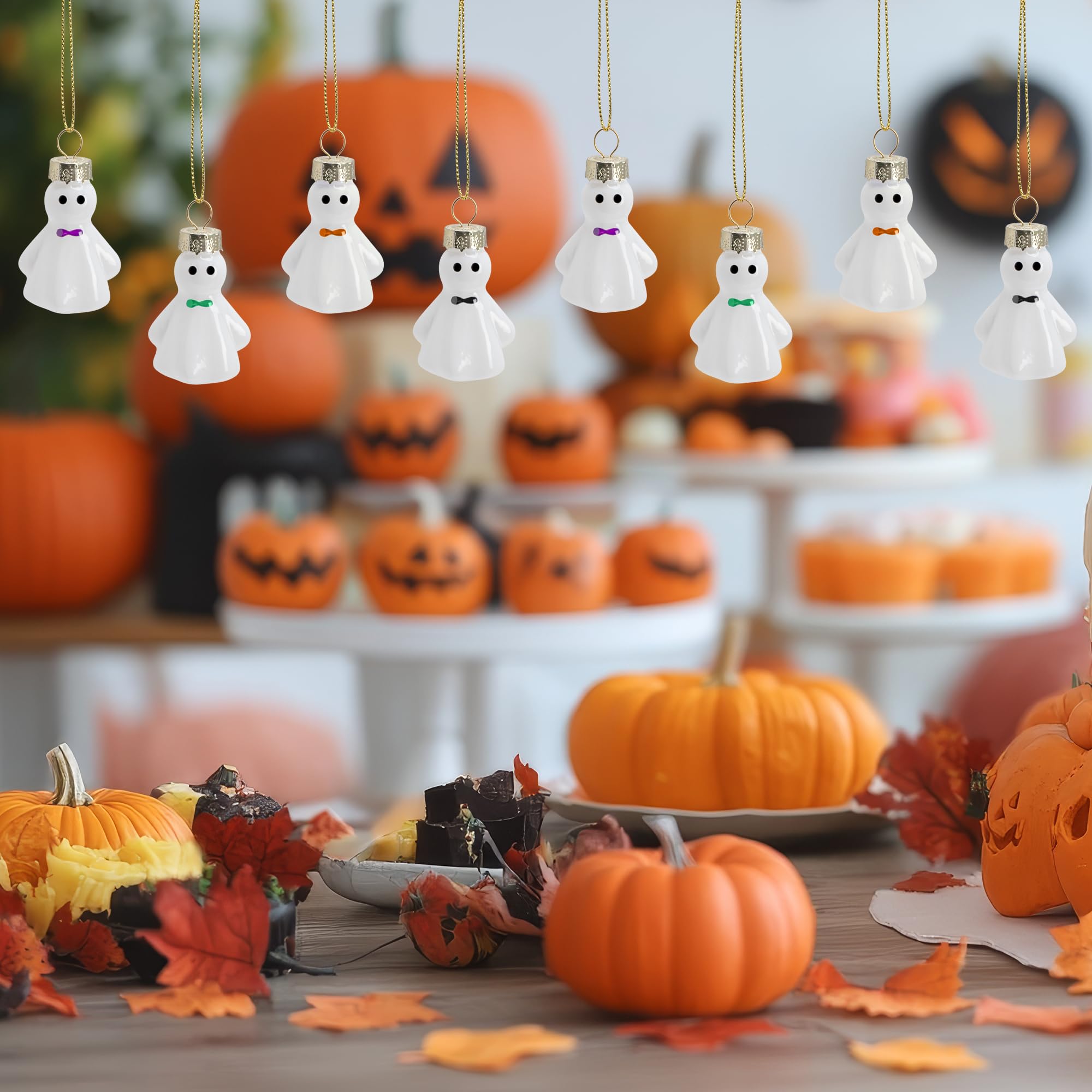 Watayo 12 Pcs Halloween Hanging Ghosts Glass Ornaments, 1.8  x 1.3  Small Ghosts Pendant Tree Decorations, Farmhouse Rustic Glas