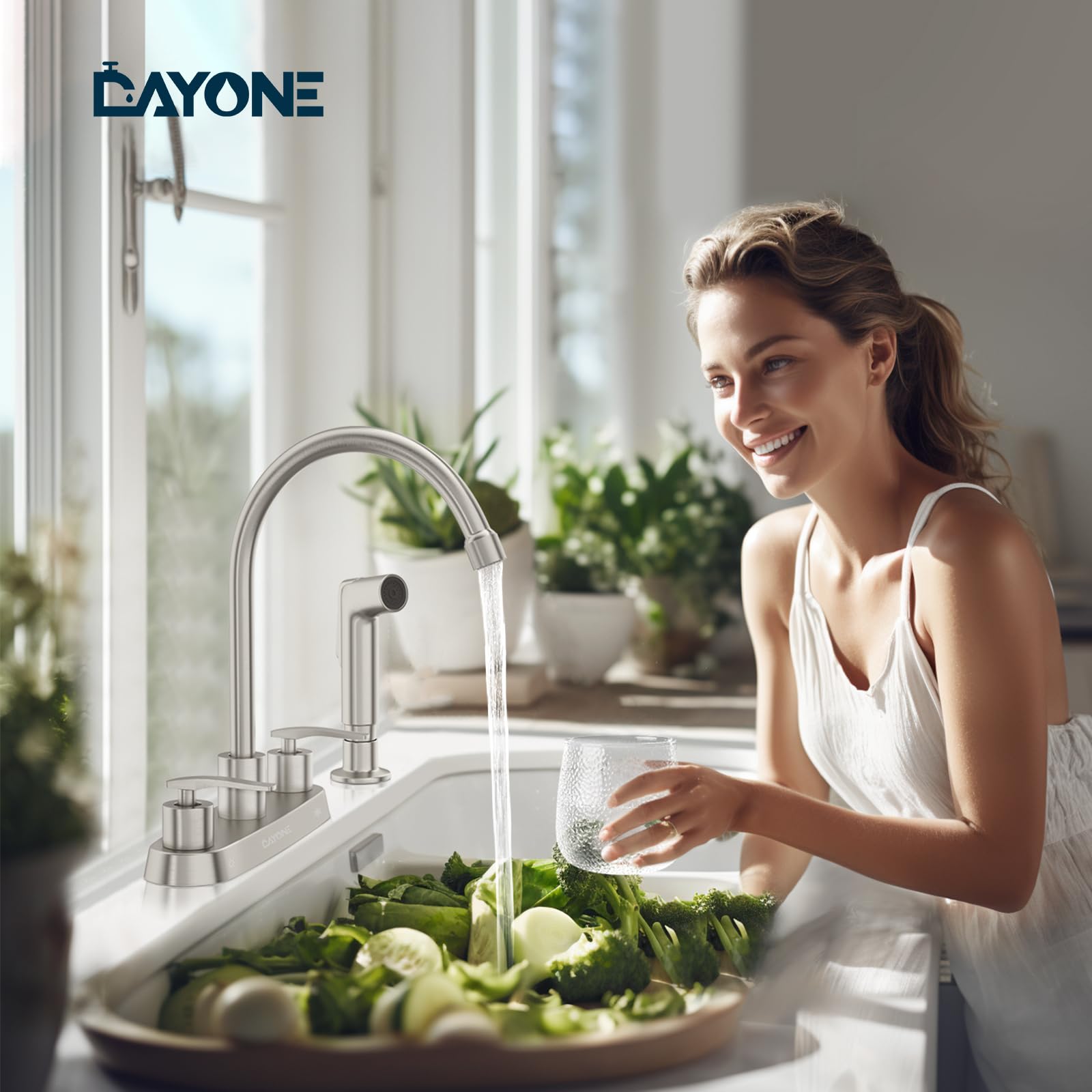 Dayone Kitchen Faucet With Side Sprayer 2 Handle Brushed Nickel, 8 Inches 4 Holes Centerset Kitchen Sink Faucet, Pull Out Stainl