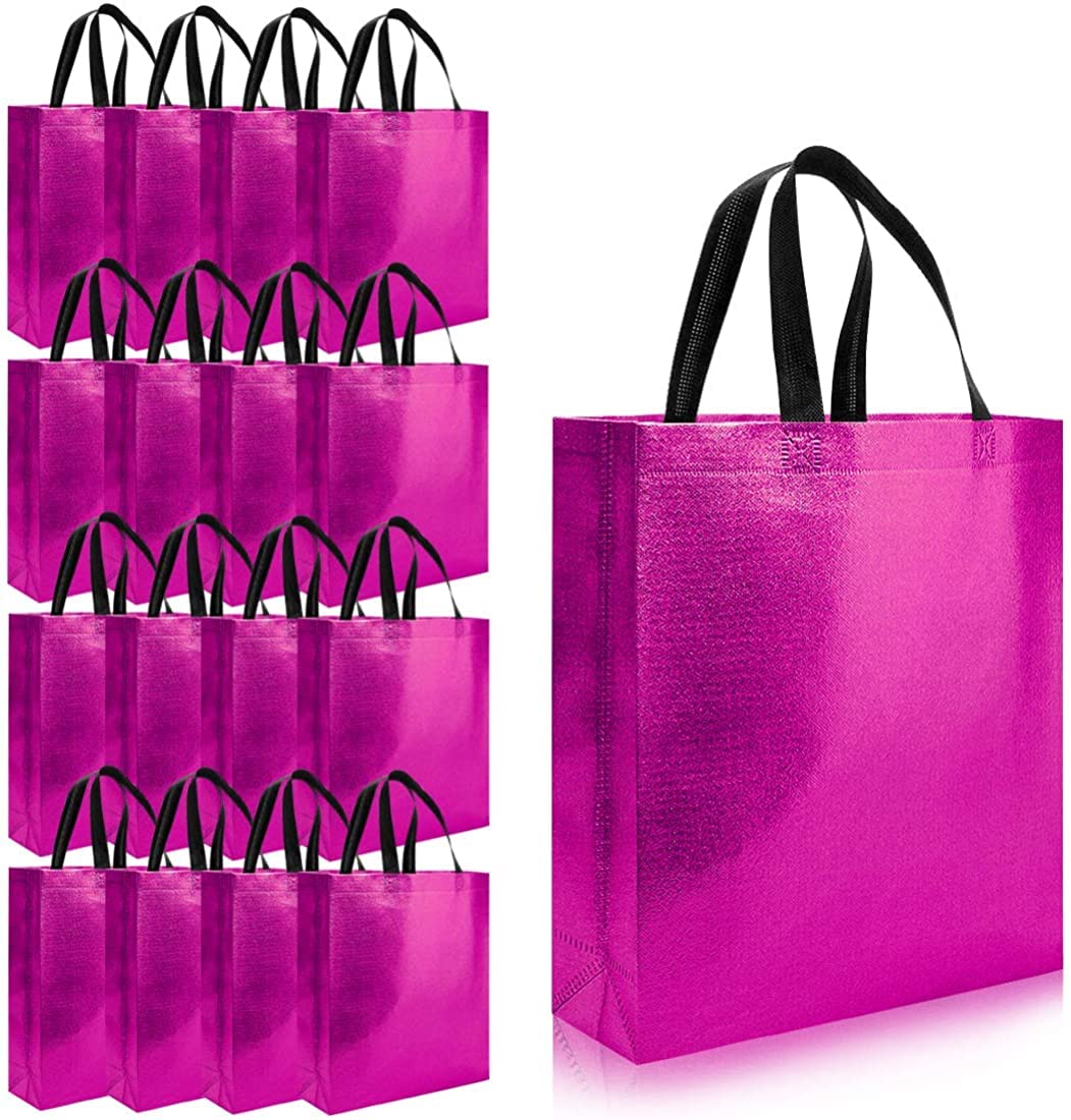Drapme Medium Size Pack Of 10 Pcs Glossy Metallic Laminated Non-Woven Reusable Eco-Friendly Party Return Gift Bags (Hot Pink) (M