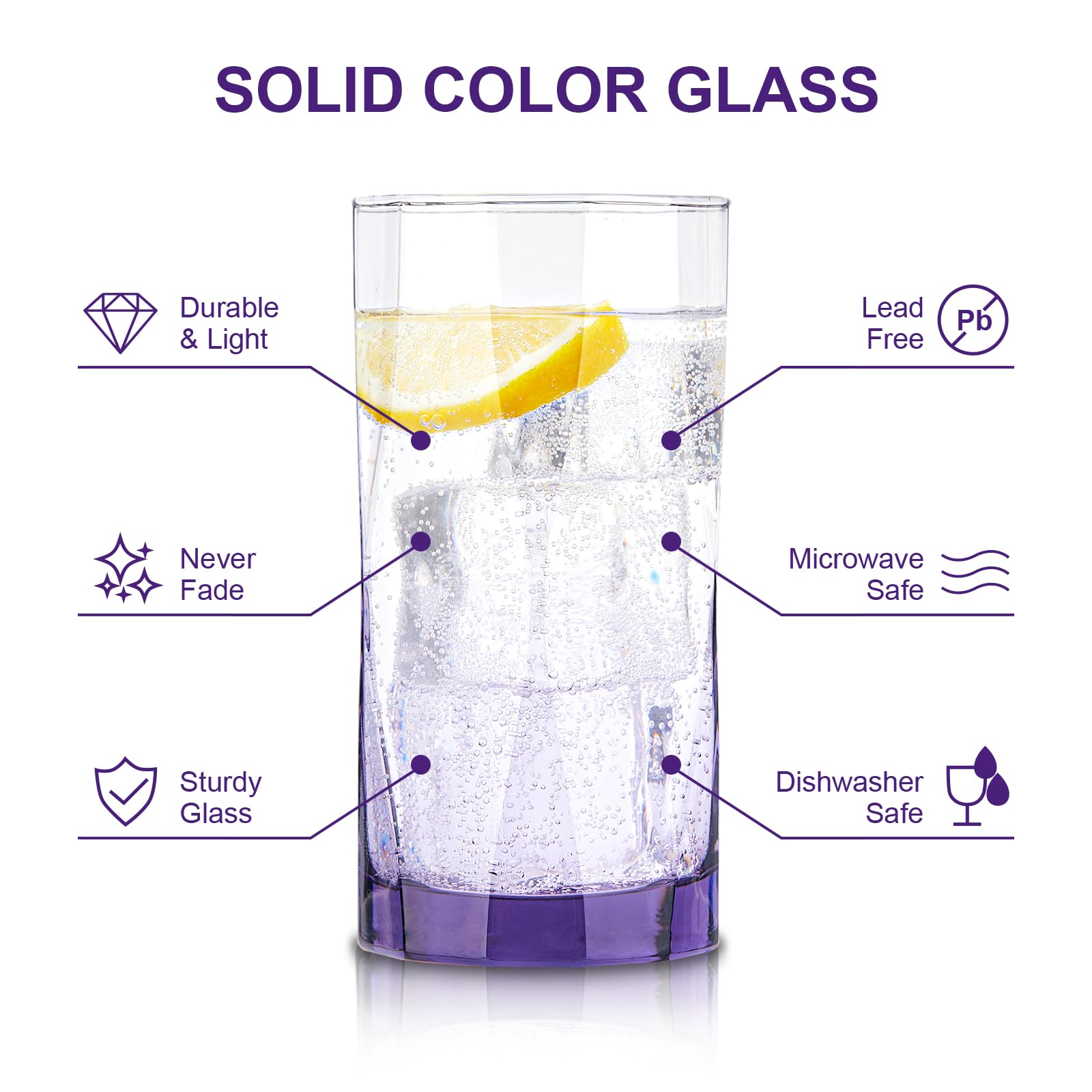 Creativeland Geometric Shapes Glass Drinking Glasses Set Of 6, 13.5 Oz Solid Purple Color Glass Tumbler Glassware For Water, Jui